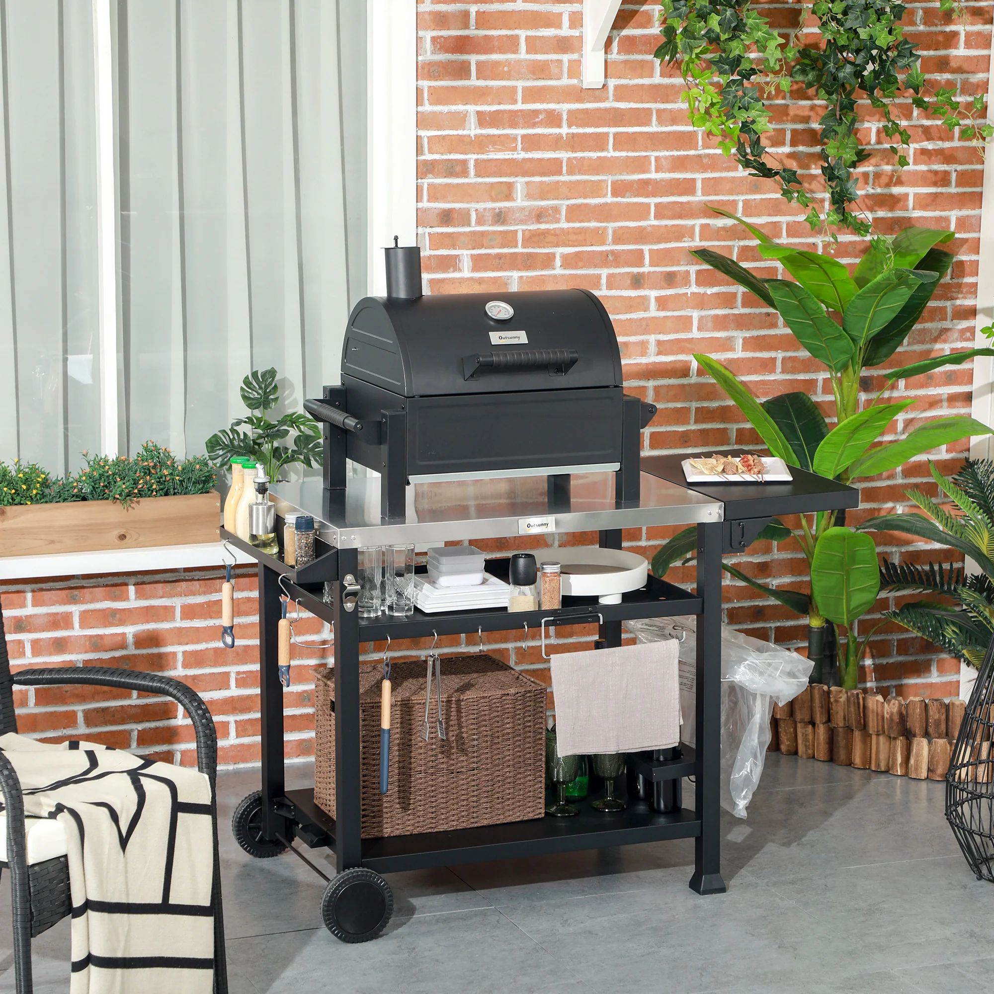 Portable BBQ Trolley w/ Foldable Side table & Stainless Steel Top for Kitchen, Patio - Image 3