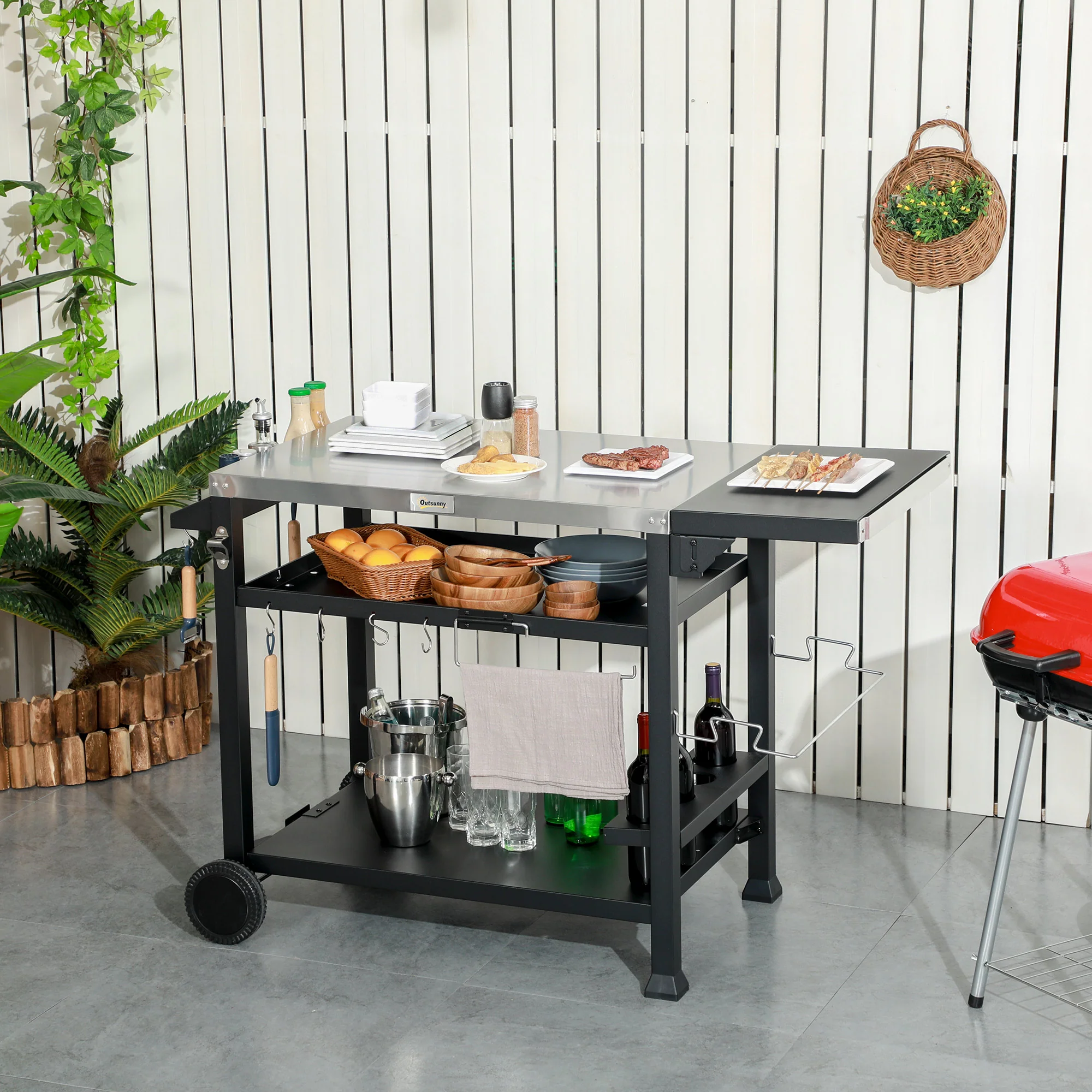 Portable BBQ Trolley w/ Foldable Side table & Stainless Steel Top for Kitchen, Patio - Image 4