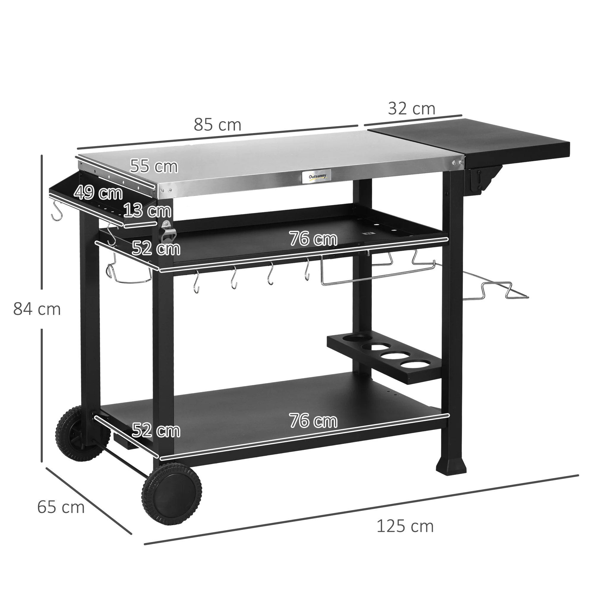 Portable BBQ Trolley w/ Foldable Side table & Stainless Steel Top for Kitchen, Patio - Image 5