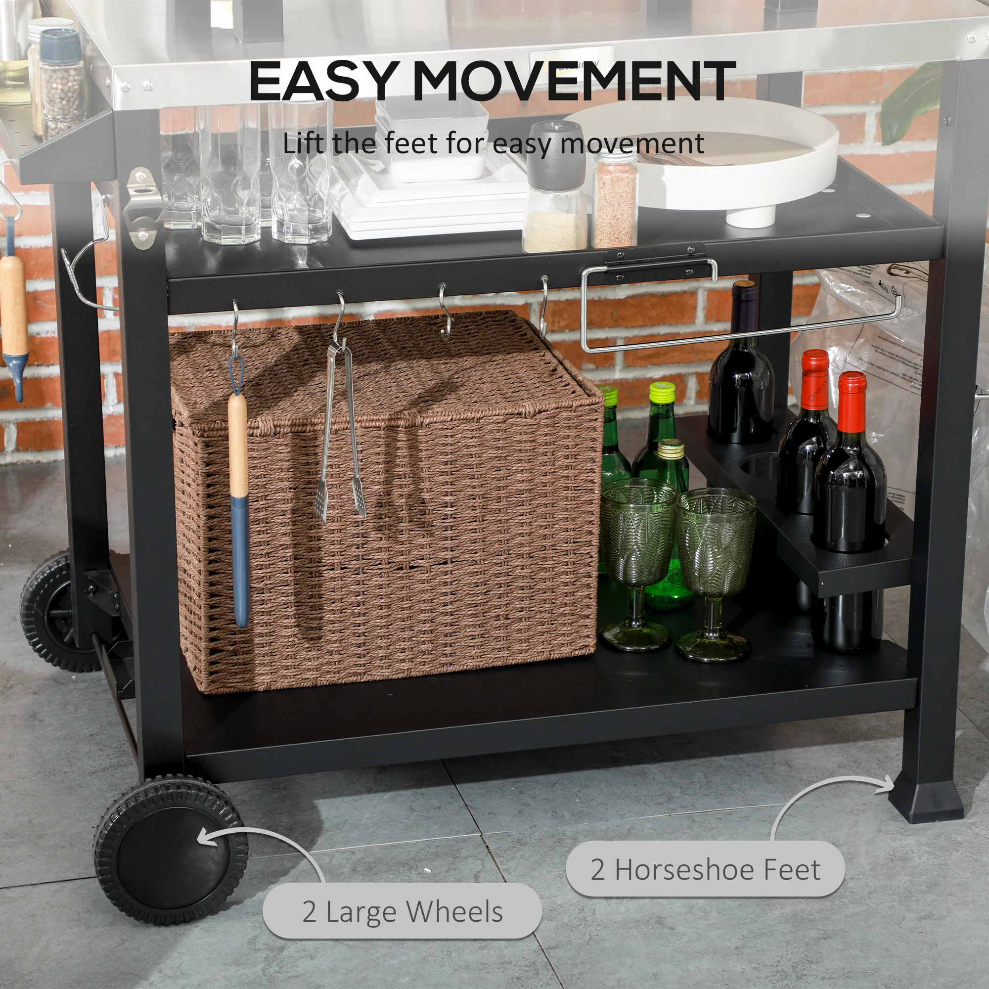 Portable BBQ Trolley w/ Foldable Side table & Stainless Steel Top for Kitchen, Patio - Image 6