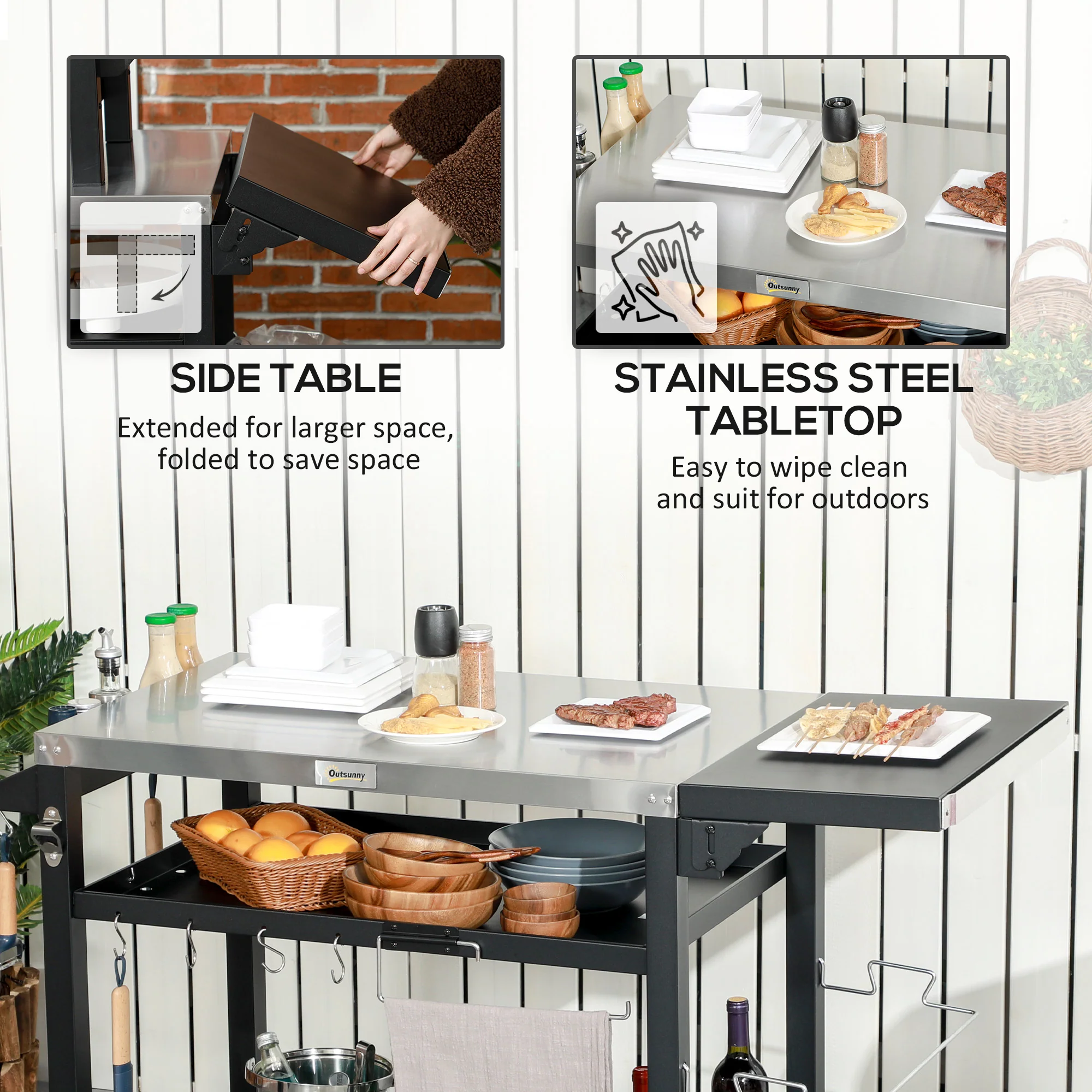 Portable BBQ Trolley w/ Foldable Side table & Stainless Steel Top for Kitchen, Patio - Image 7