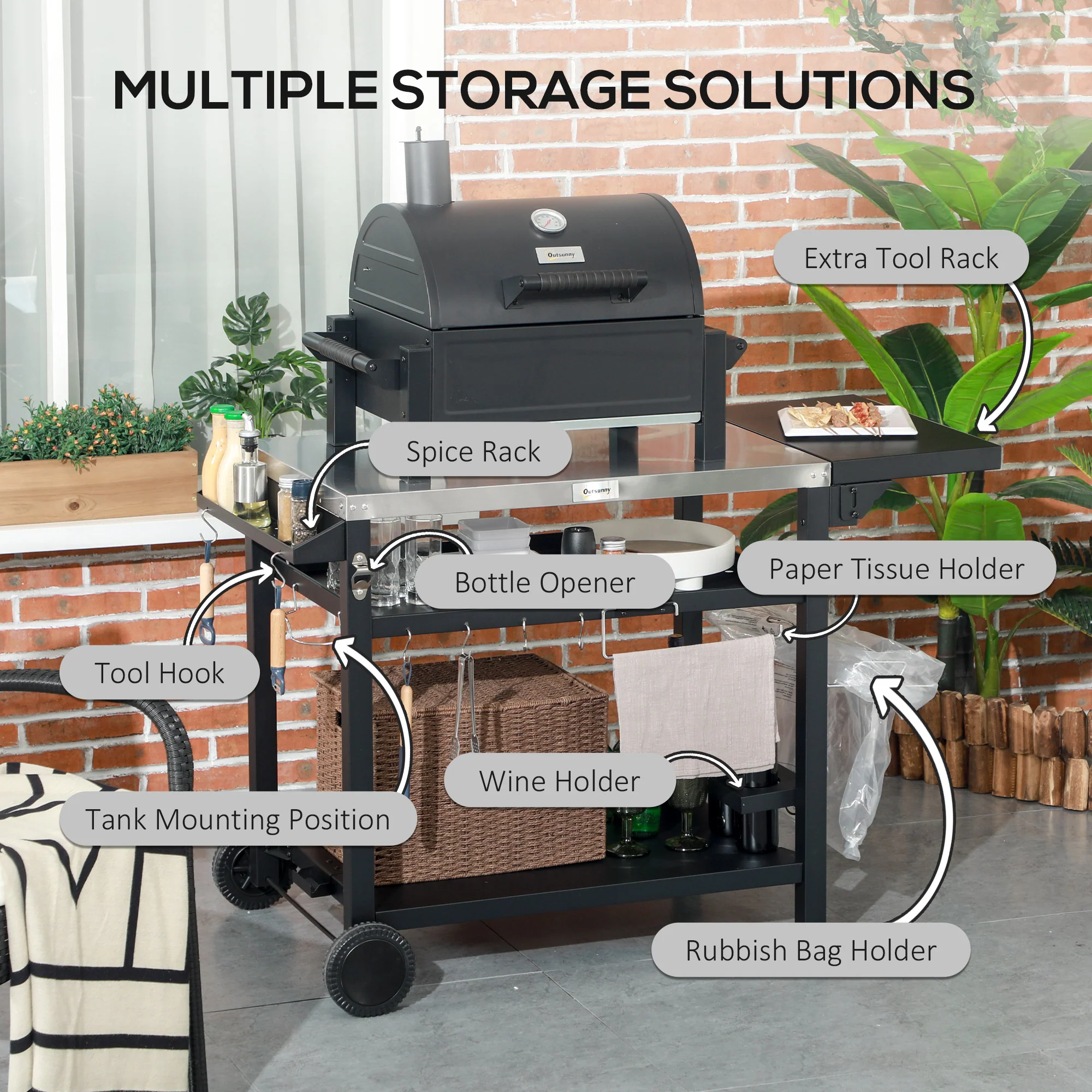 Portable BBQ Trolley w/ Foldable Side table & Stainless Steel Top for Kitchen, Patio - Image 8