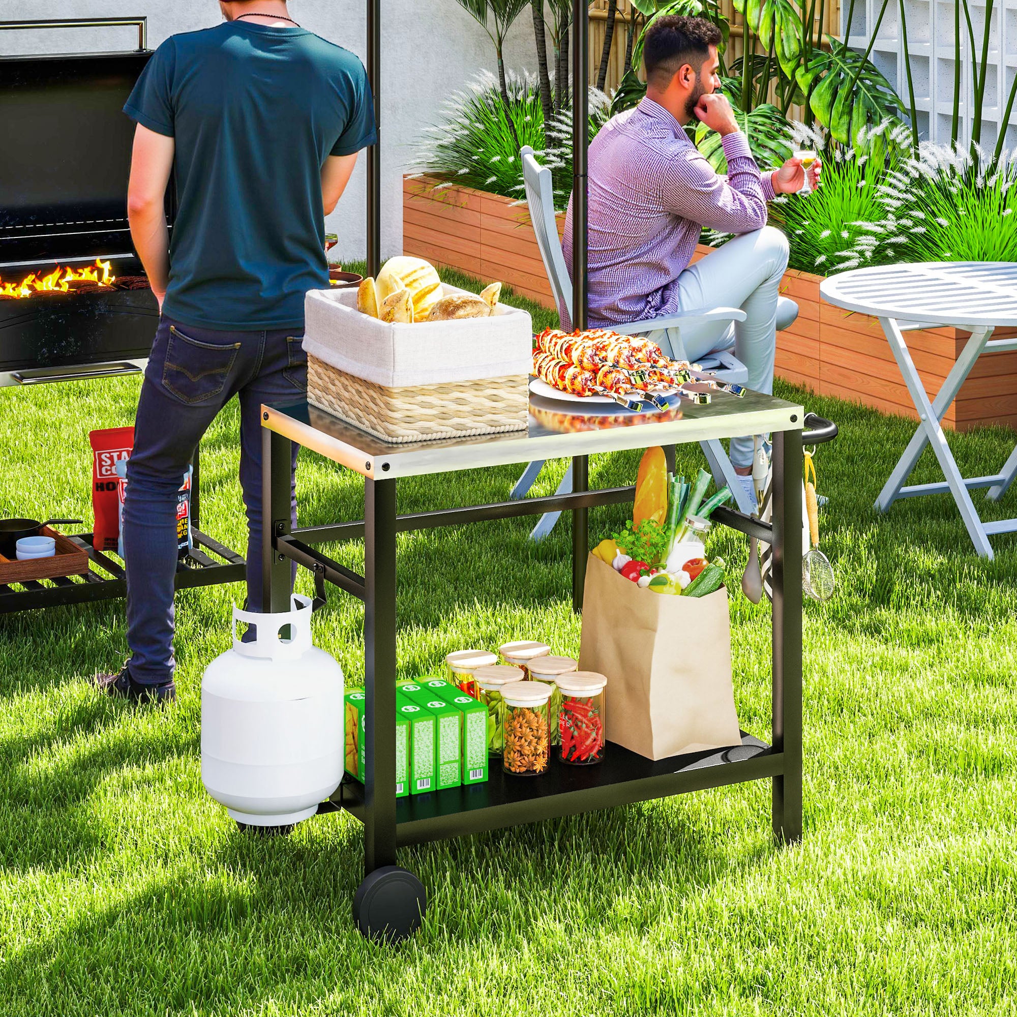 Outdoor Grill Cart with Stainless Steel Top, 2 Shelves and Wheels, Charcoal Grey - Image 3