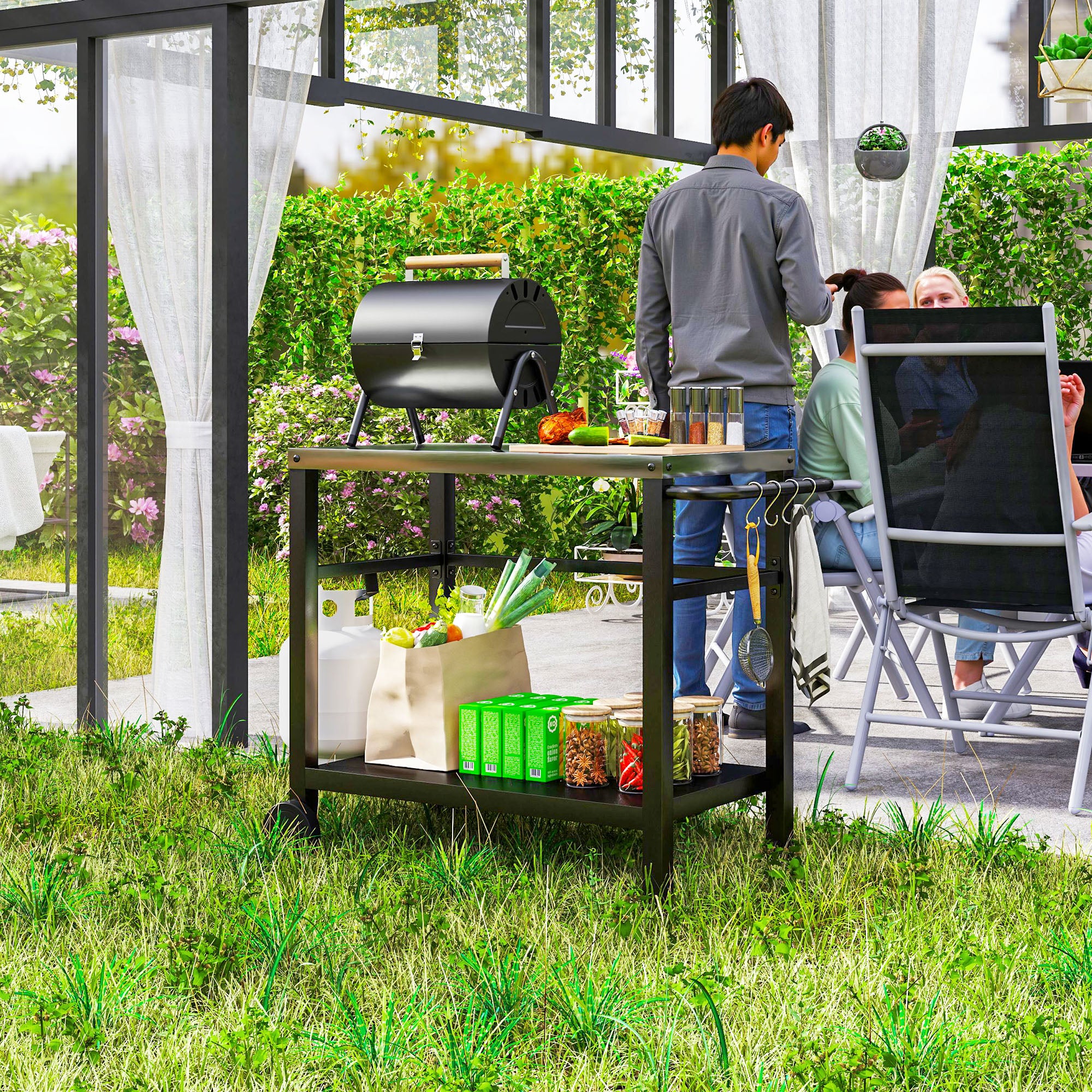 Outdoor Grill Cart with Stainless Steel Top, 2 Shelves and Wheels, Charcoal Grey - Image 4