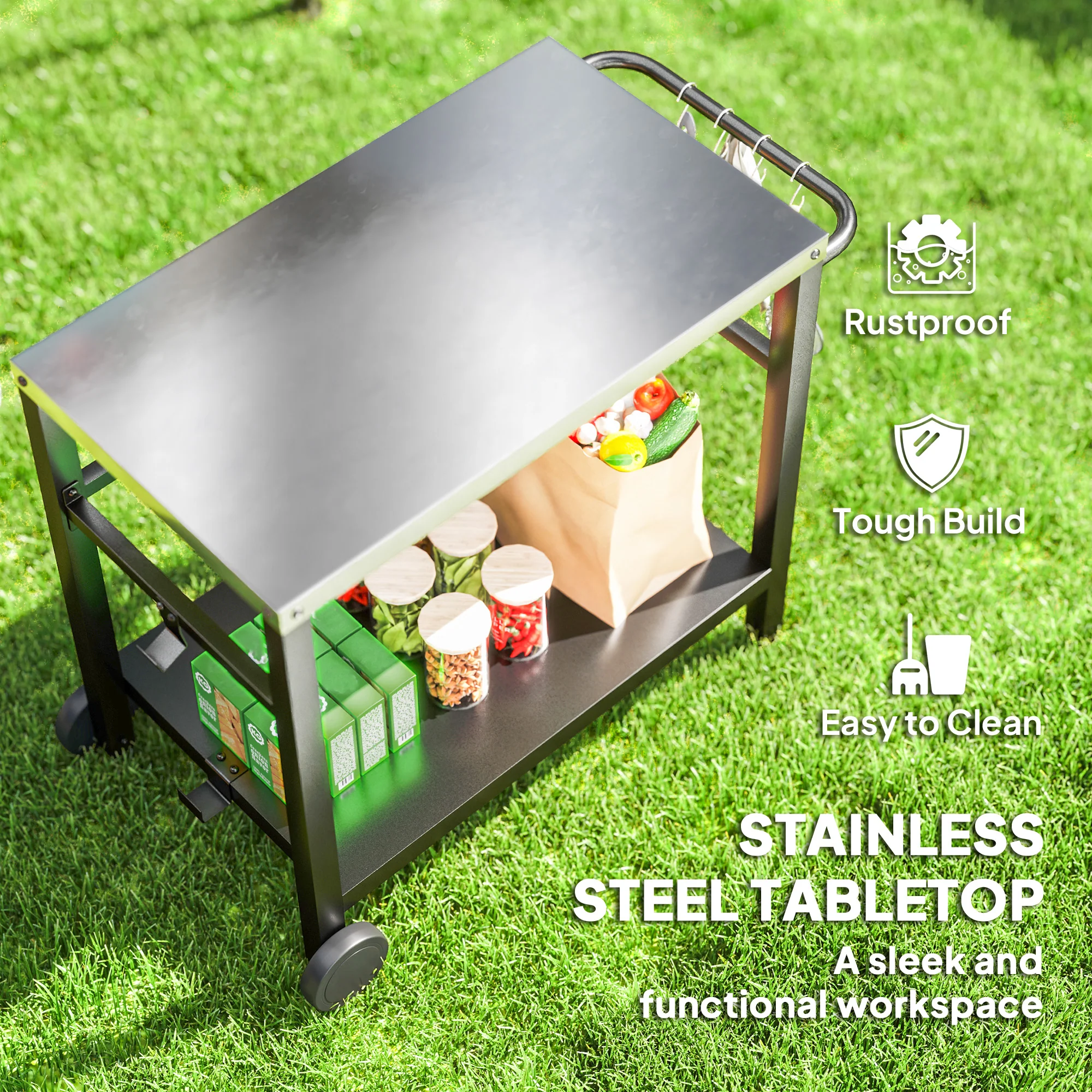 Outdoor Grill Cart with Stainless Steel Top, 2 Shelves and Wheels, Charcoal Grey - Image 6