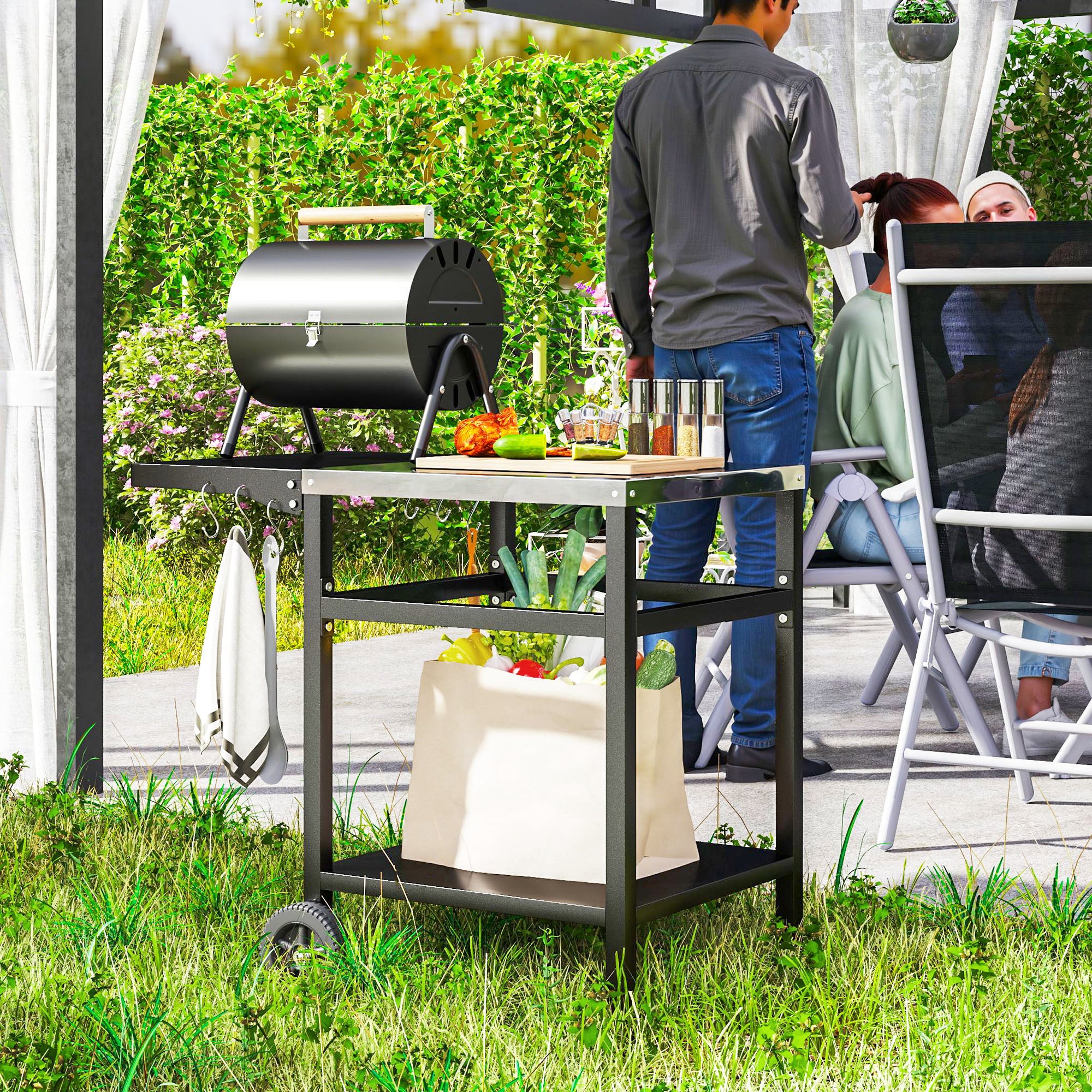67-Qt Patio Cooler Cart with Shelf & Wheels, Grey - Image 4