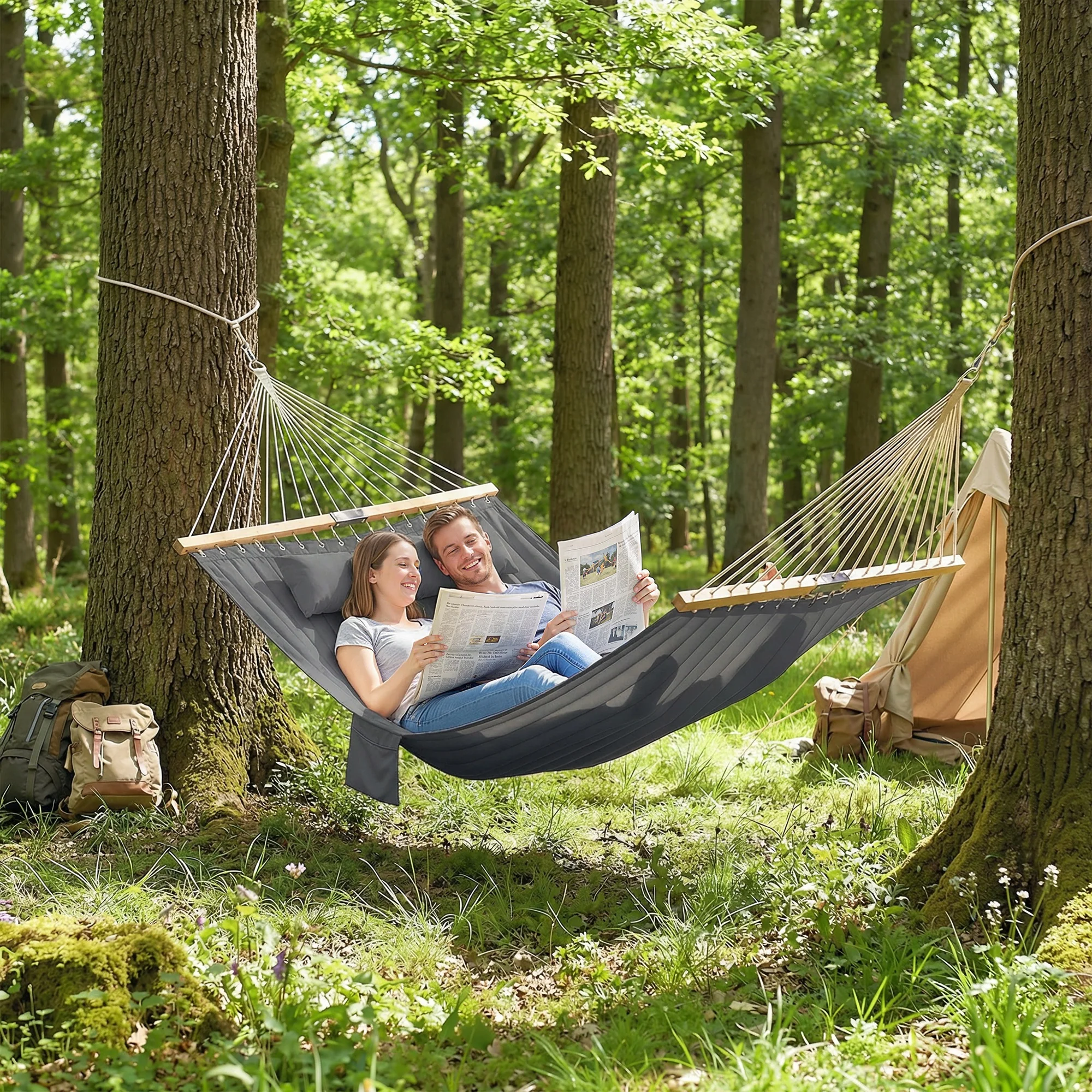 128" x 55" 2-Person Hammock with Pillow, 440 lbs Capacity, Gray - Image 4