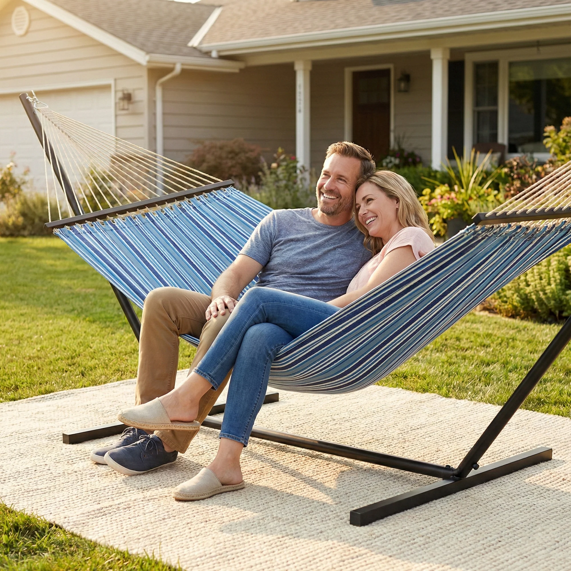 Outdoor Hammock with Stand, Detachable Pillow and Spreader Bars, Blue - Image 10