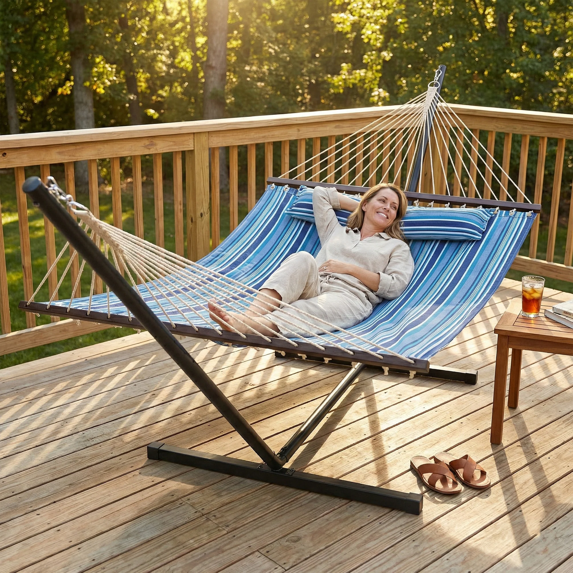 Outdoor Hammock with Stand, Detachable Pillow and Spreader Bars, Blue - Image 11