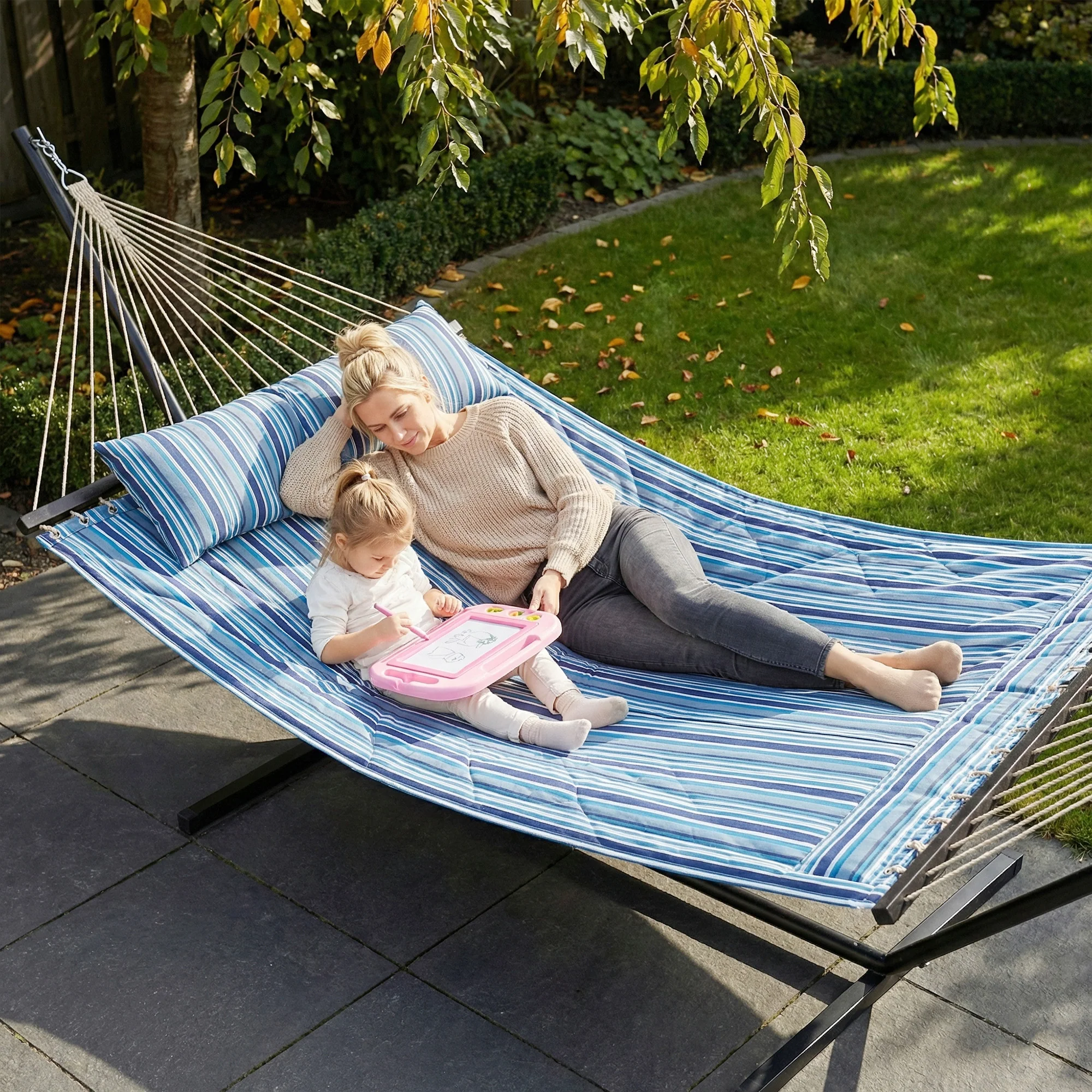 Outdoor Hammock with Stand, Detachable Pillow and Spreader Bars, Blue - Image 3