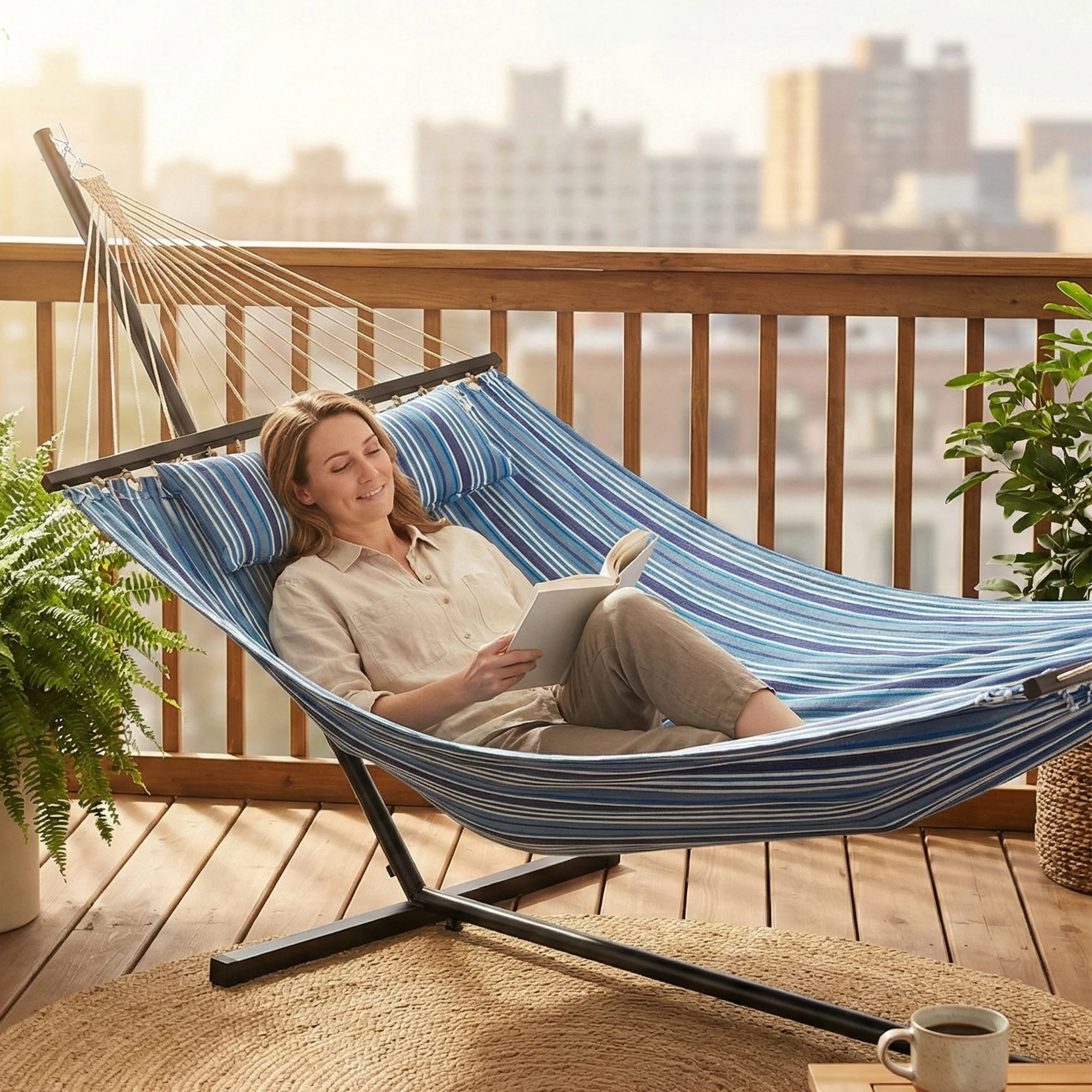 Outdoor Hammock with Stand, Detachable Pillow and Spreader Bars, Blue - Image 4