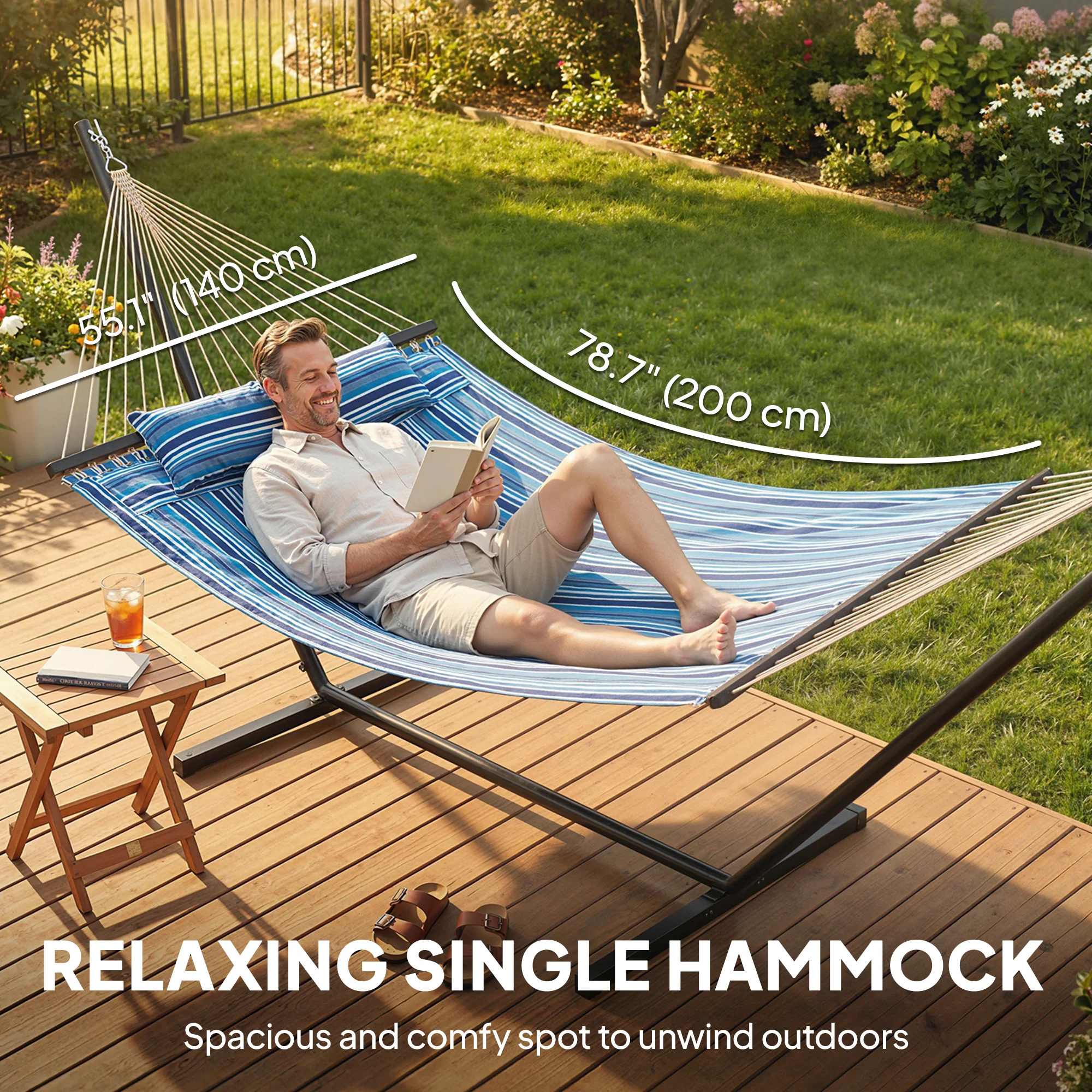 Outdoor Hammock with Stand, Detachable Pillow and Spreader Bars, Blue - Image 6
