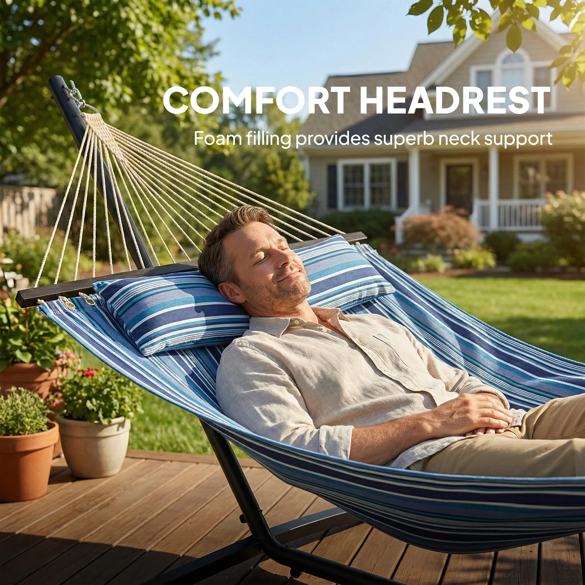 Outdoor Hammock with Stand, Detachable Pillow and Spreader Bars, Blue - Image 7