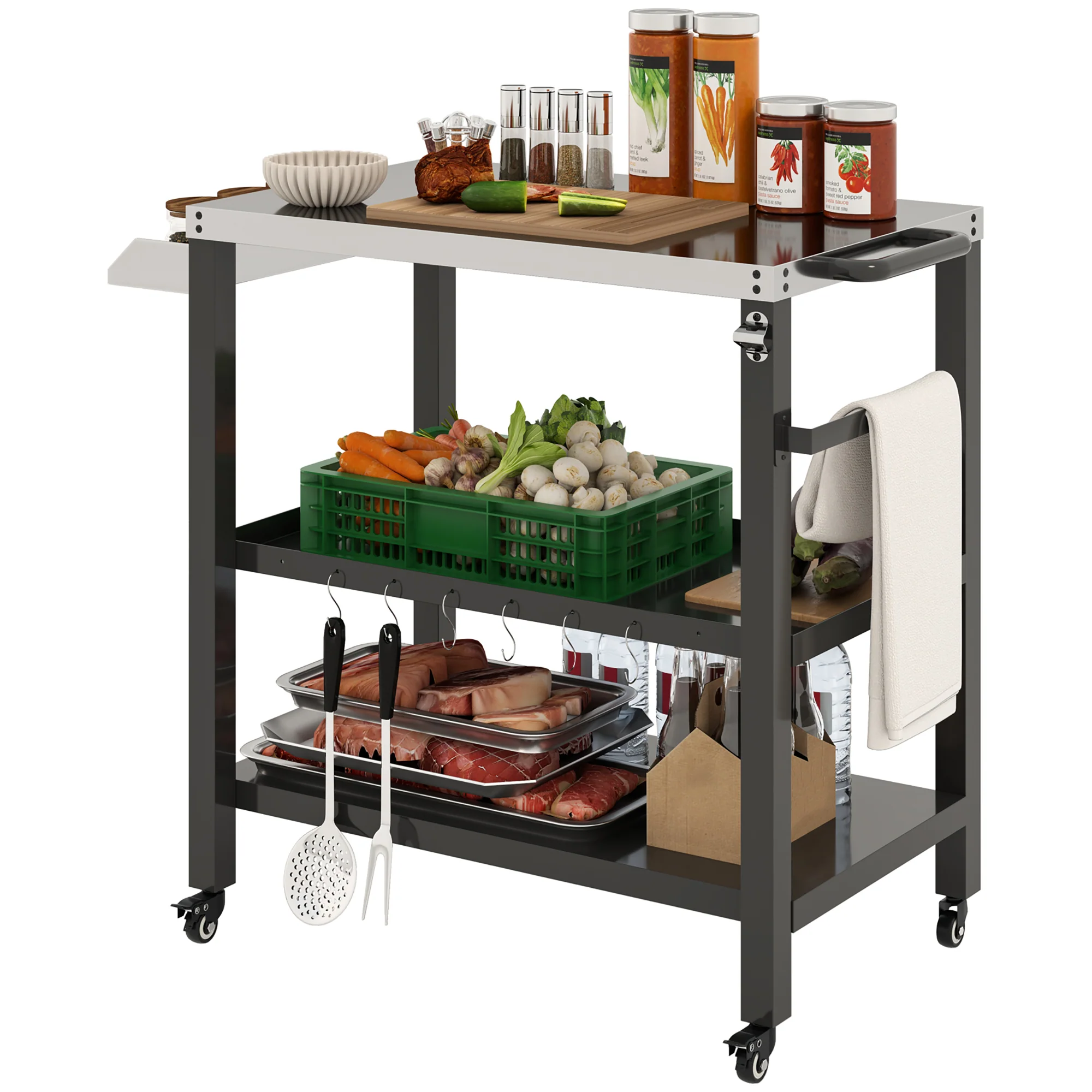 Three-Shelf Outdoor Kitchen Prep Station with Wheels, Black