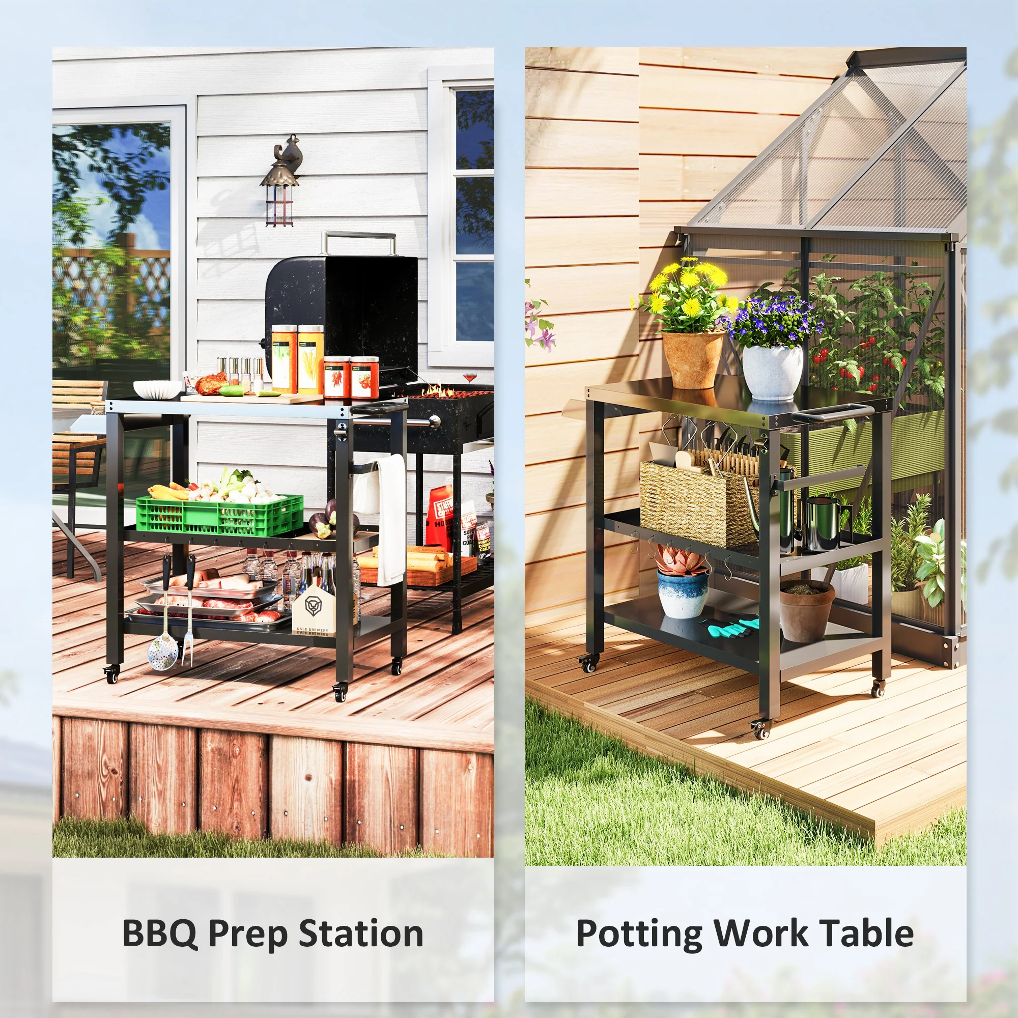 Three-Shelf Outdoor Kitchen Prep Station with Wheels, Black - Image 10