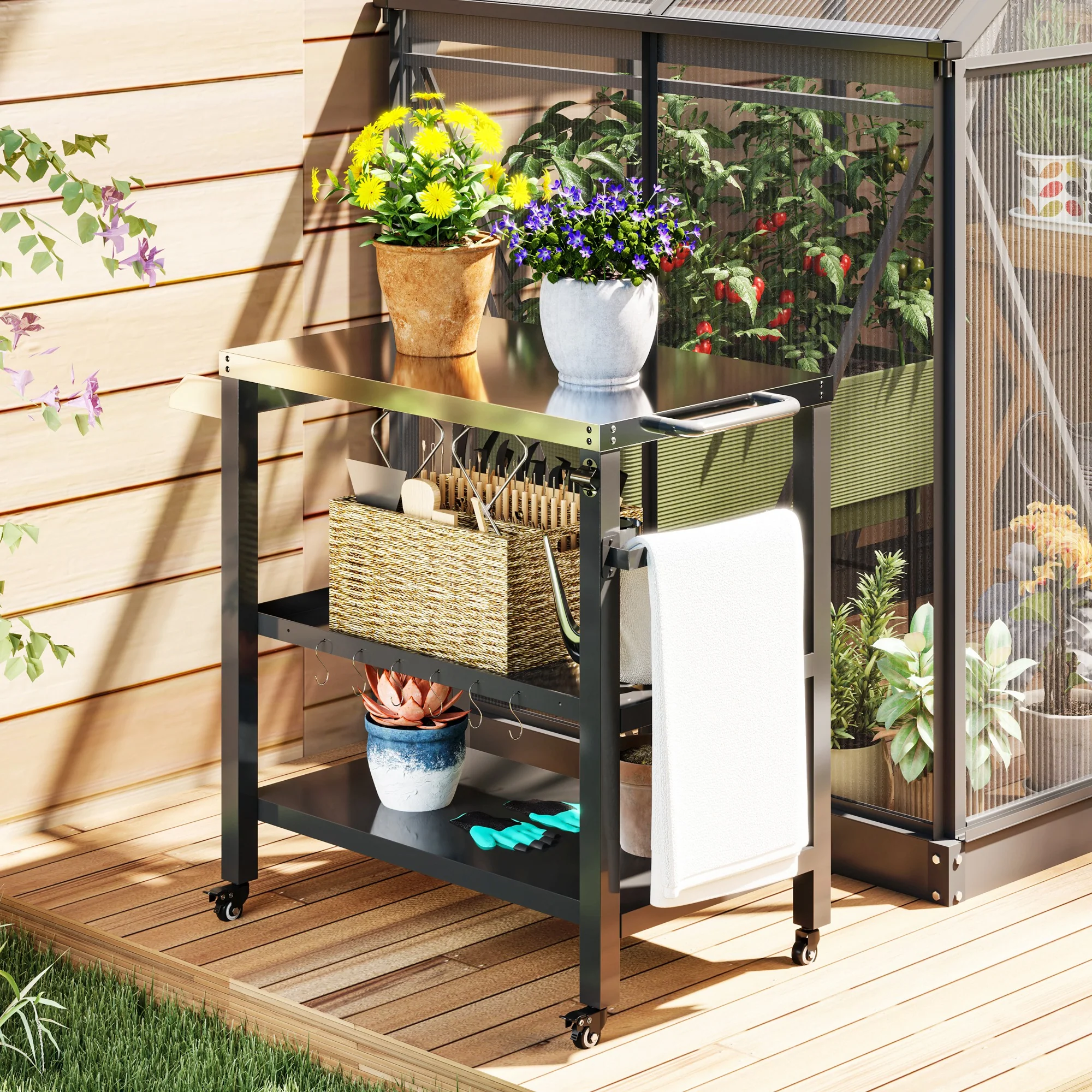 Three-Shelf Outdoor Kitchen Prep Station with Wheels, Black - Image 11