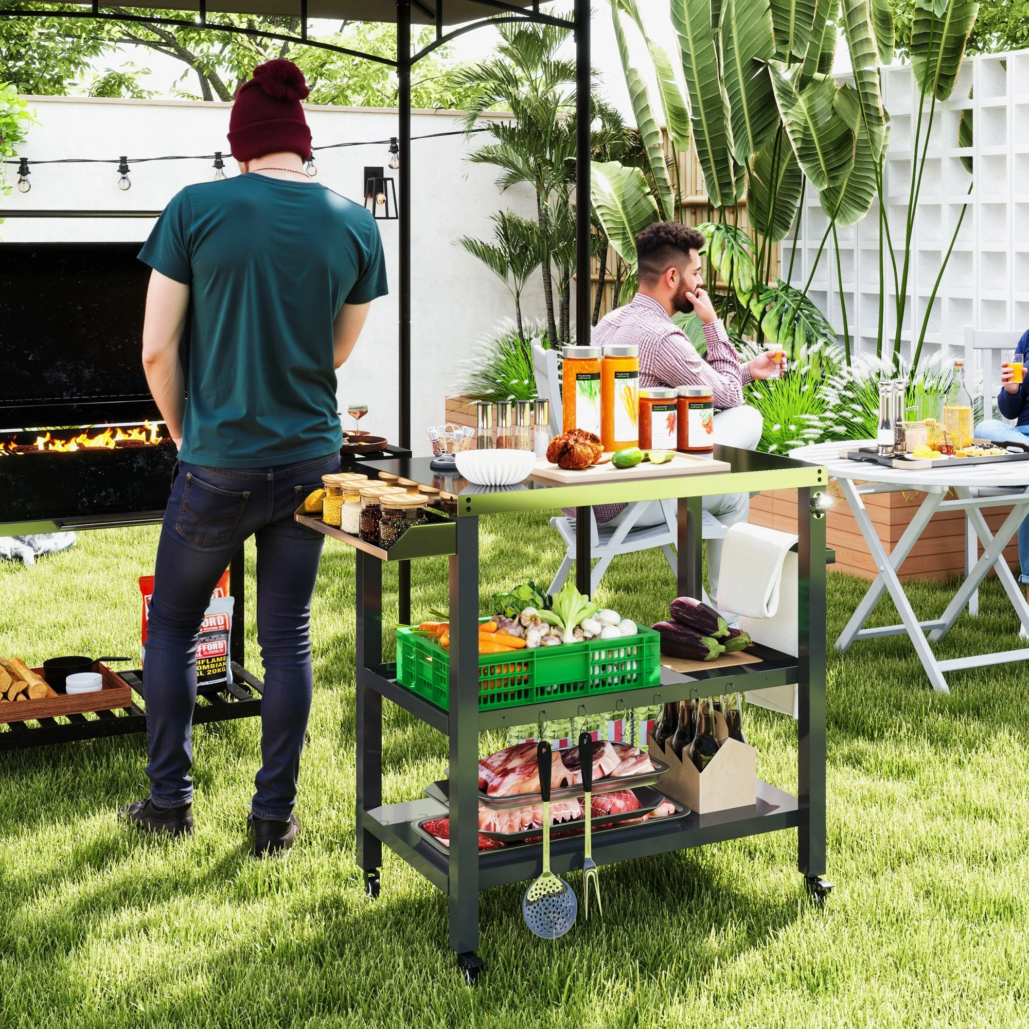Three-Shelf Outdoor Kitchen Prep Station with Wheels, Black - Image 3