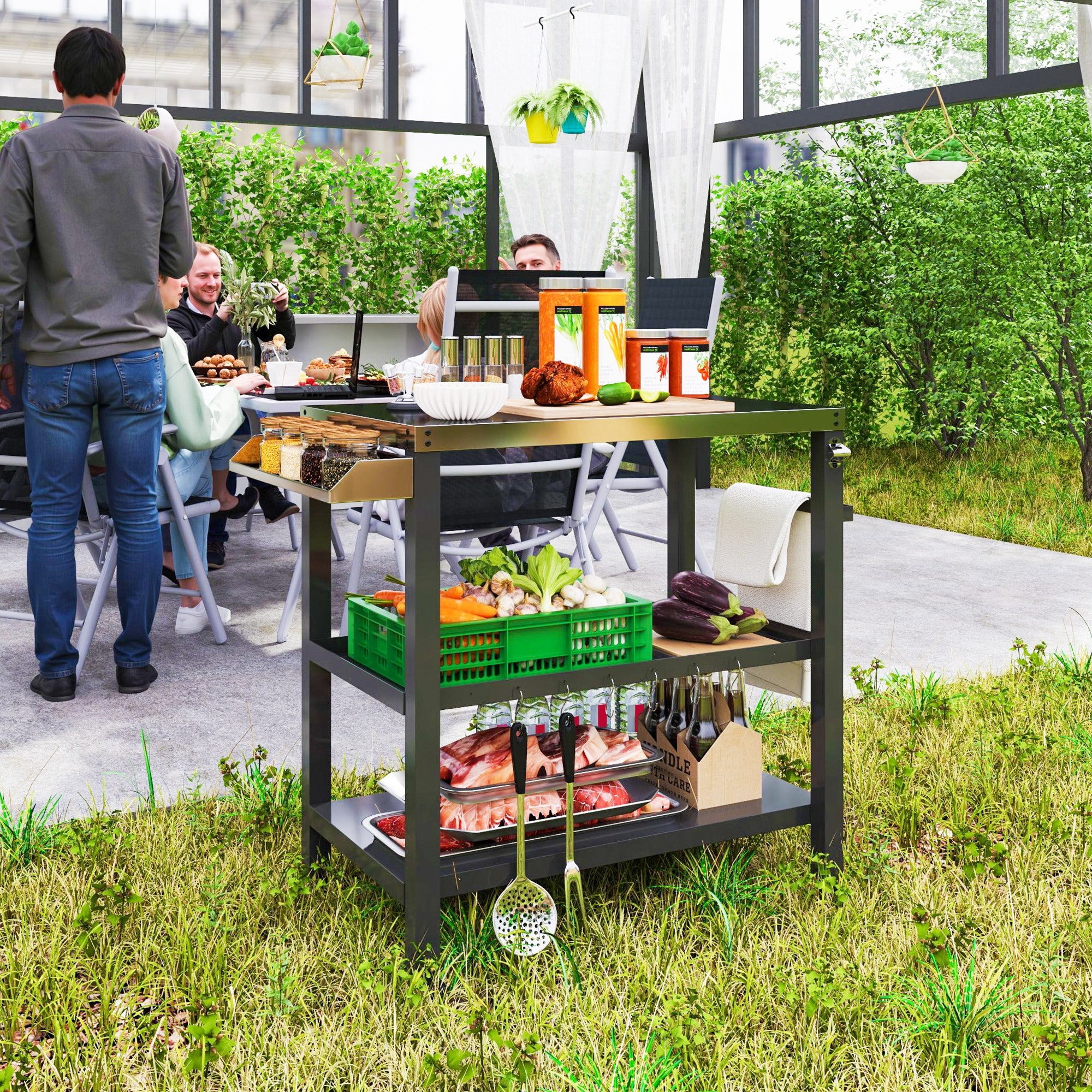 Three-Shelf Outdoor Kitchen Prep Station with Wheels, Black - Image 4