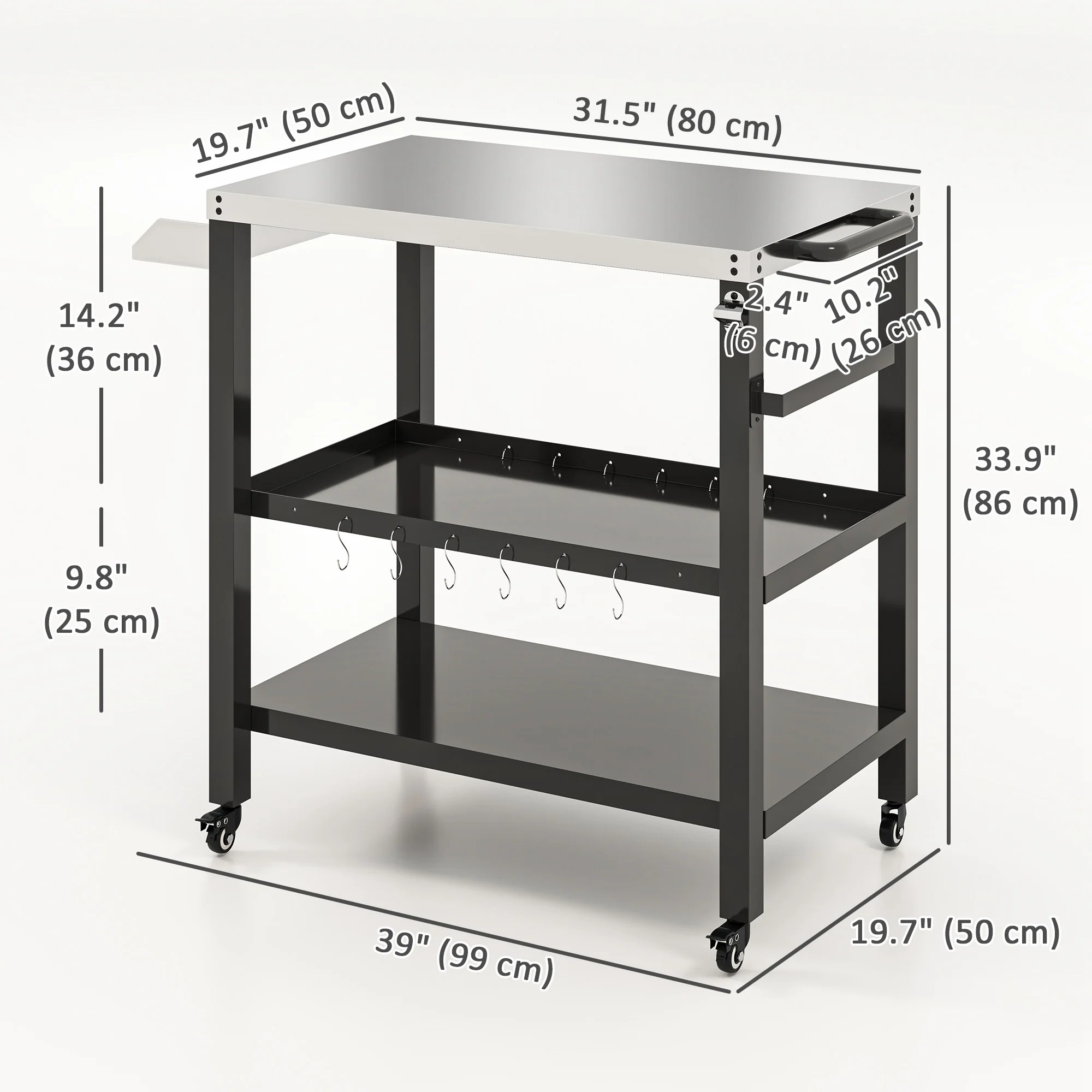 Three-Shelf Outdoor Kitchen Prep Station with Wheels, Black - Image 5