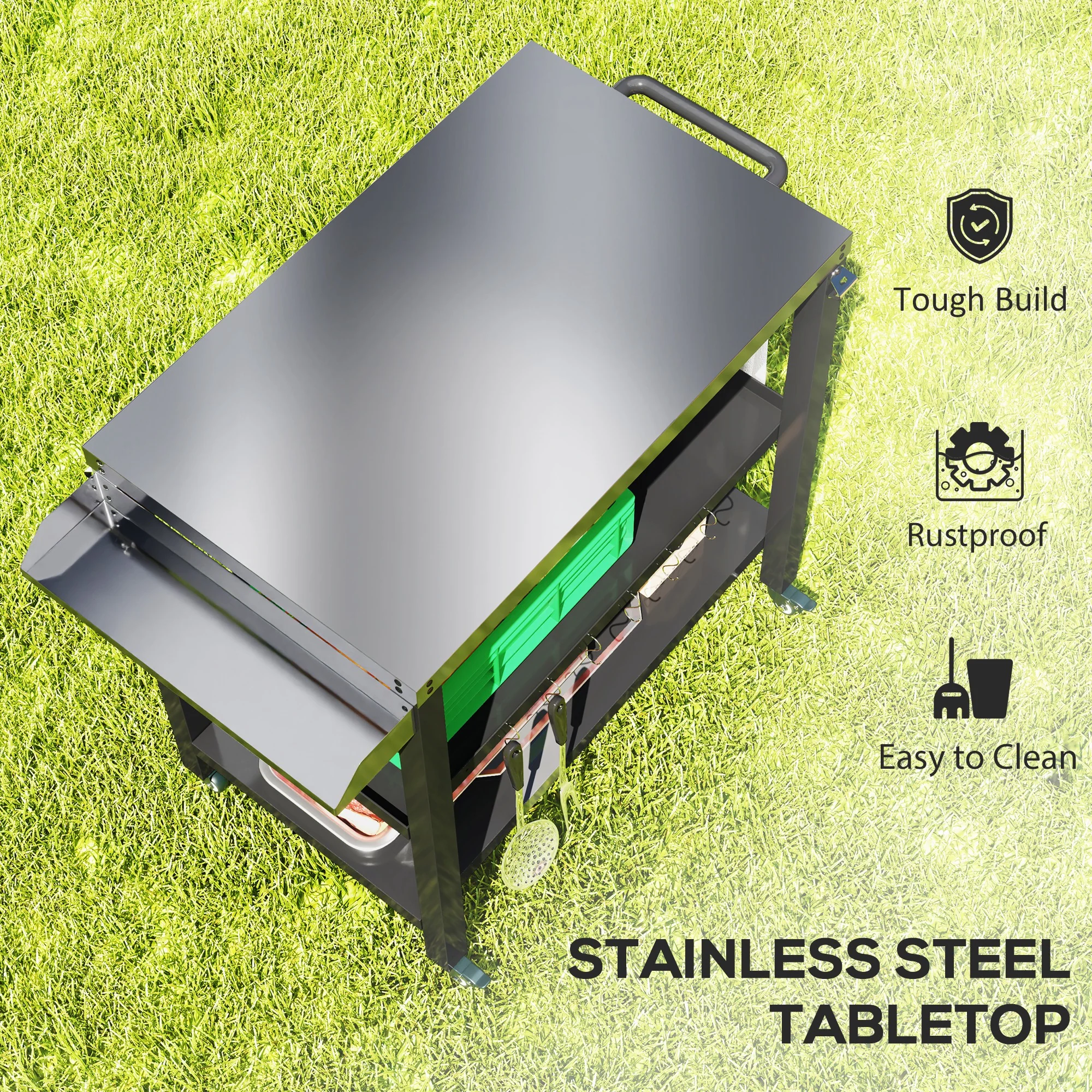 Three-Shelf Outdoor Kitchen Prep Station with Wheels, Black - Image 6