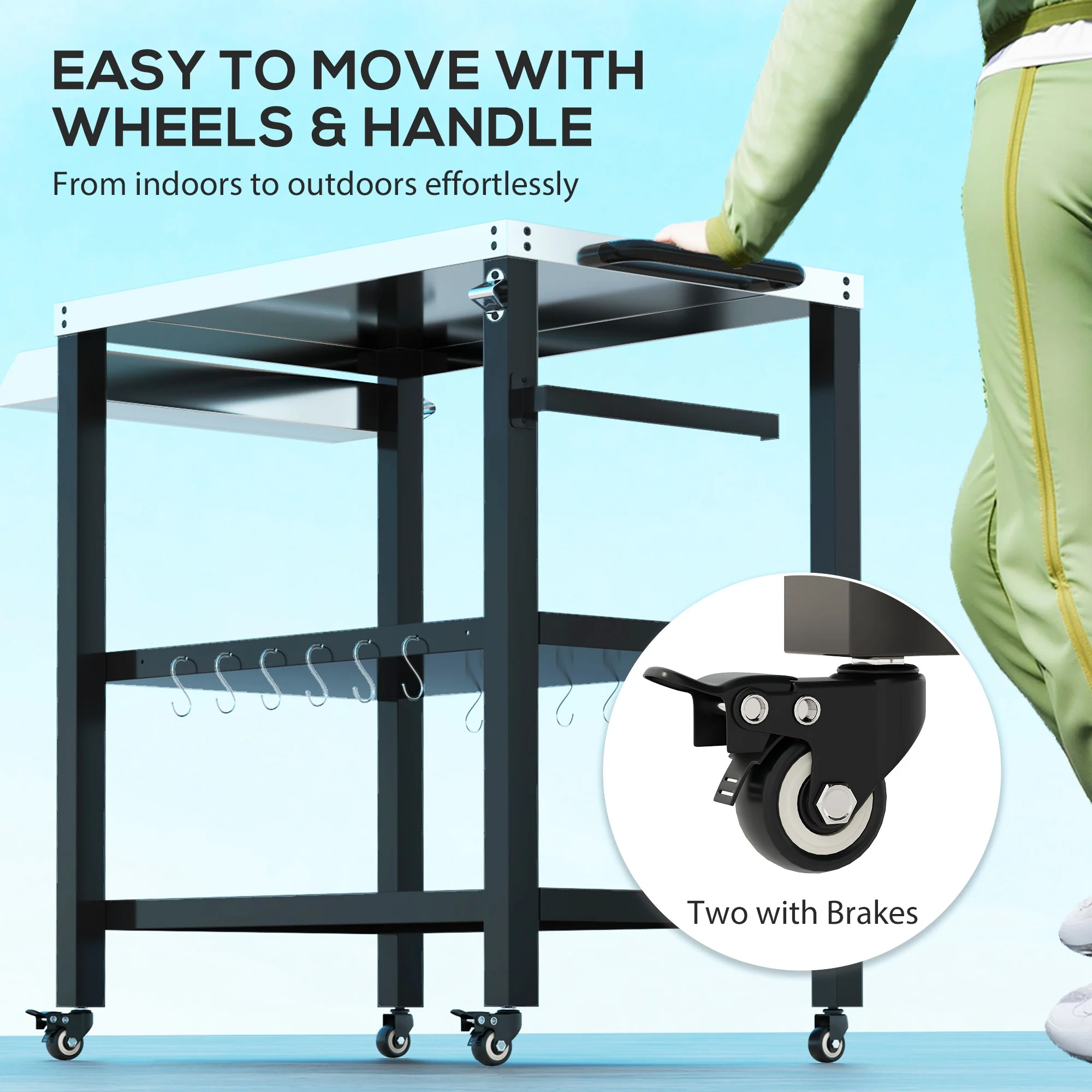 Three-Shelf Outdoor Kitchen Prep Station with Wheels, Black - Image 8