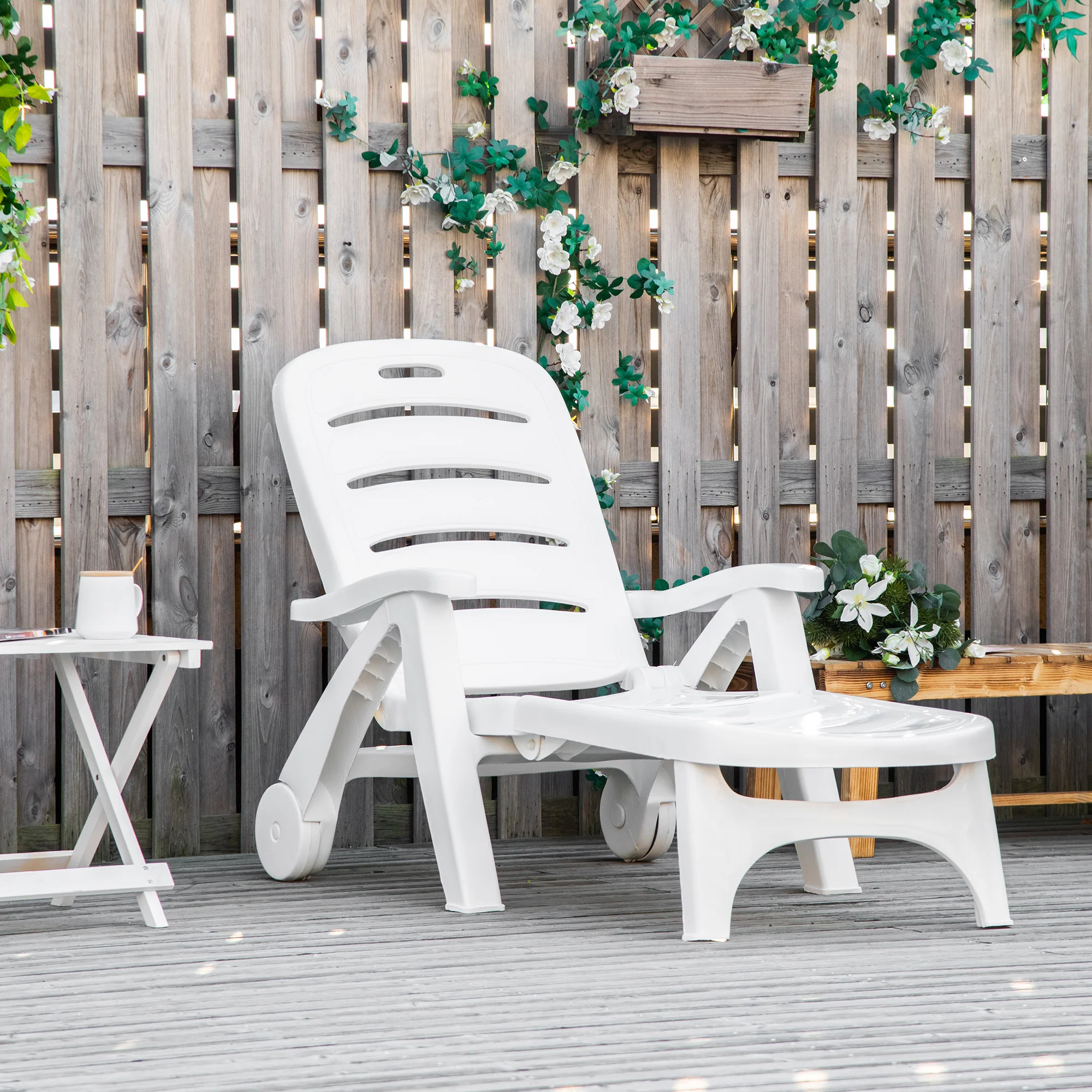 Outdoor Folding Chaise Lounge Chair with Wheels & 5 Level Adjustable Backrest, White - Image 3