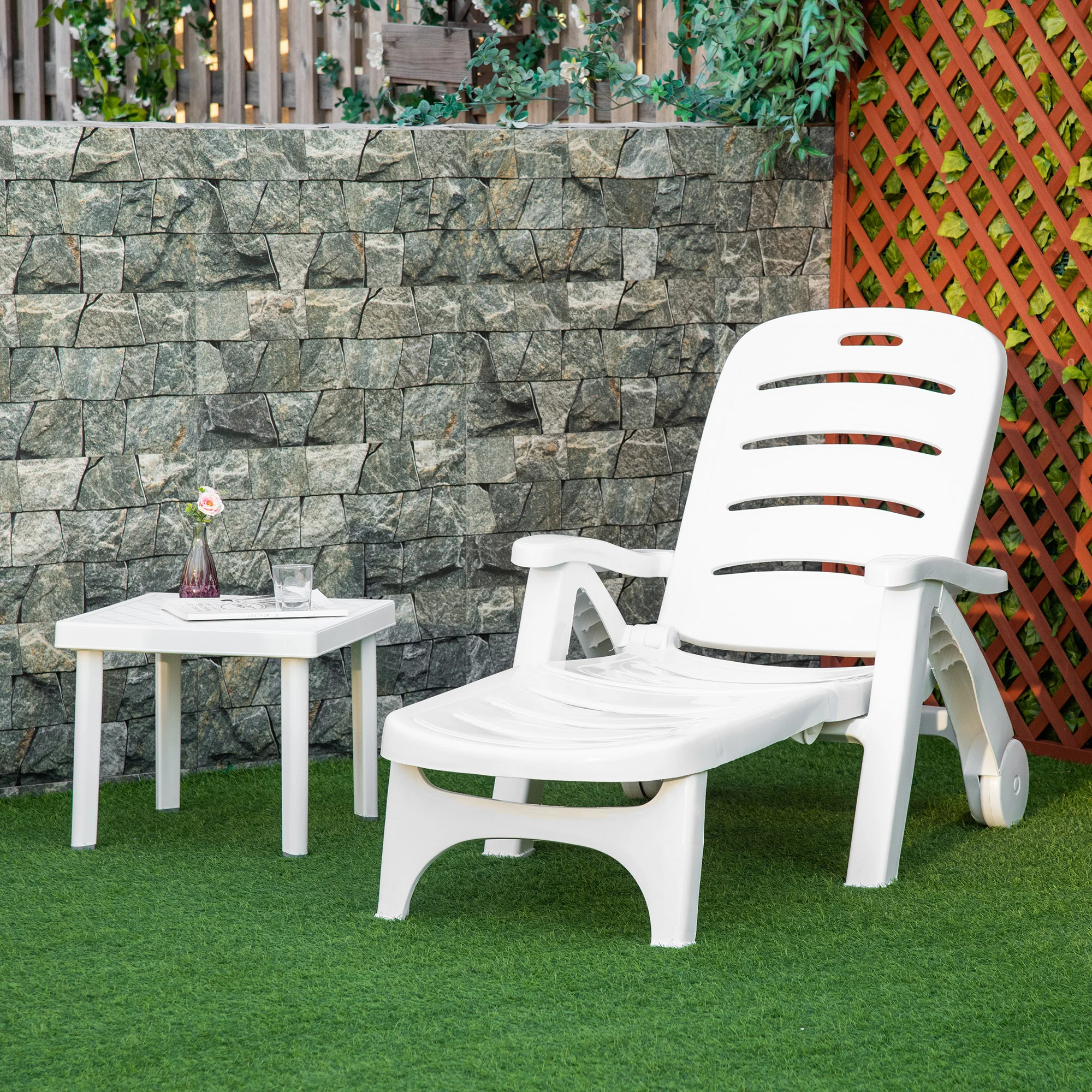 Outdoor Folding Chaise Lounge Chair with Wheels & 5 Level Adjustable Backrest, White - Image 4