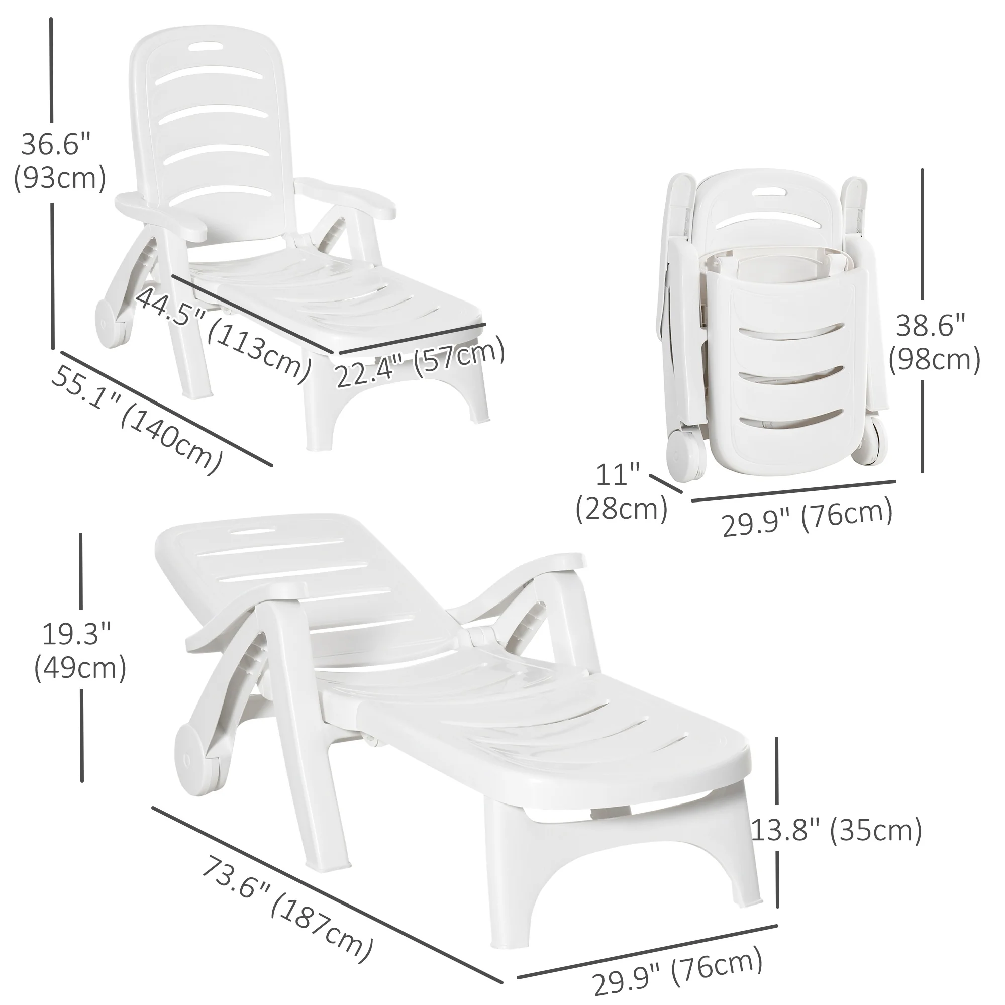 Outdoor Folding Chaise Lounge Chair with Wheels & 5 Level Adjustable Backrest, White - Image 5