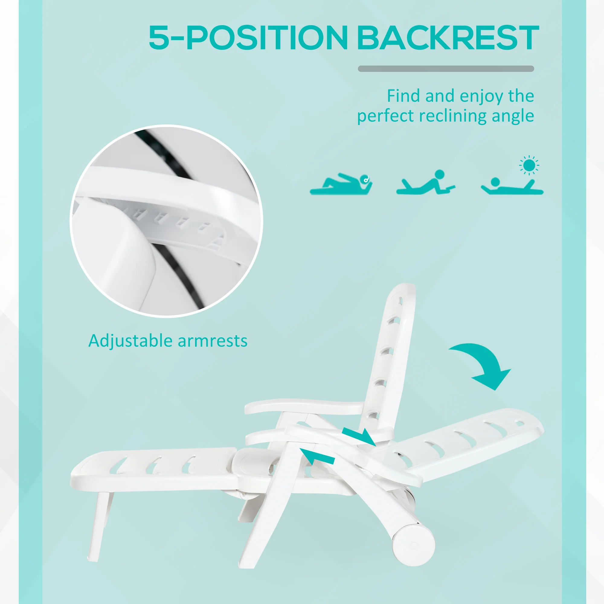 Outdoor Folding Chaise Lounge Chair with Wheels & 5 Level Adjustable Backrest, White - Image 6