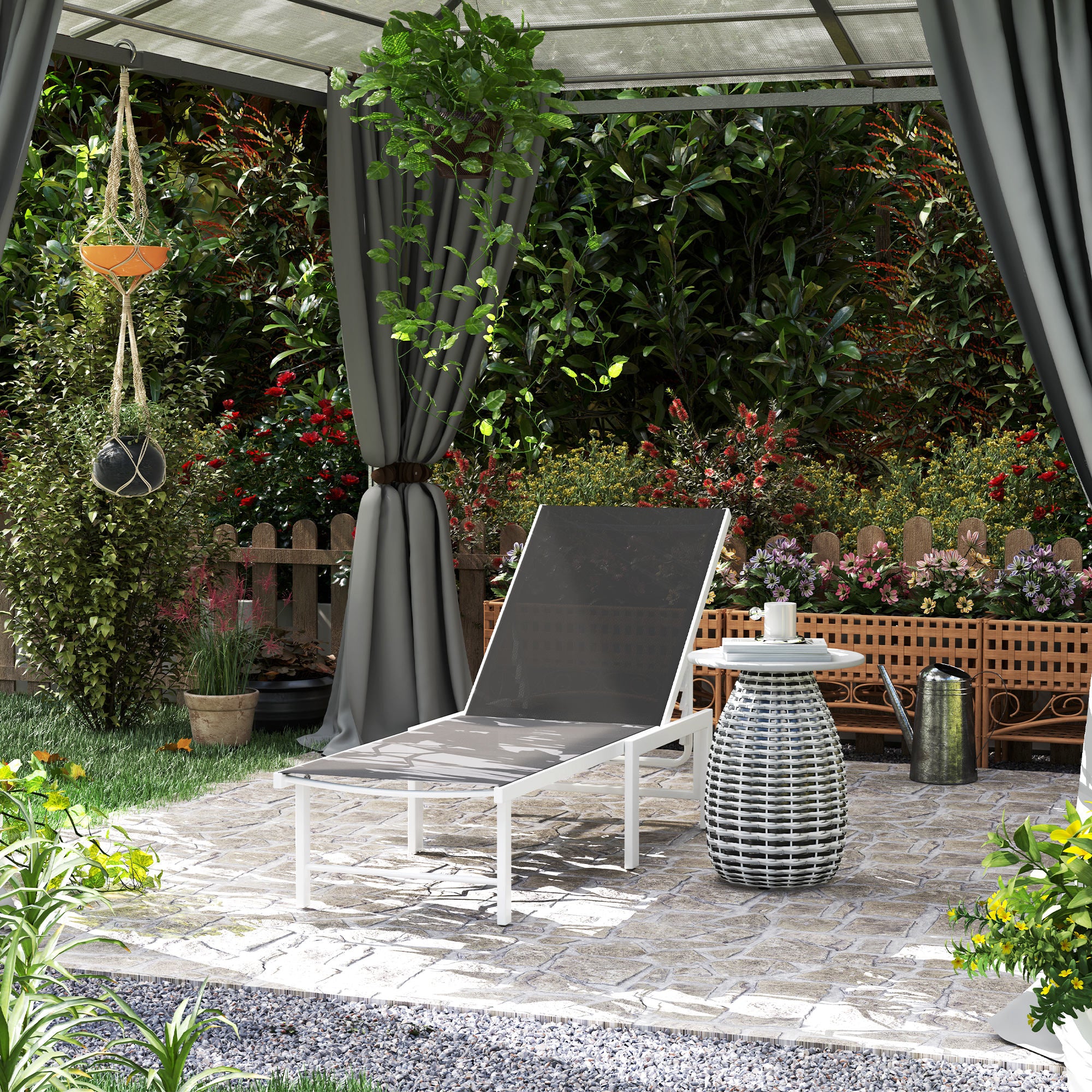 Reclining Outdoor Chaise Lounge Chair w/ 5-Level Adjustable Backrest & Mesh Seat, Grey - Image 3