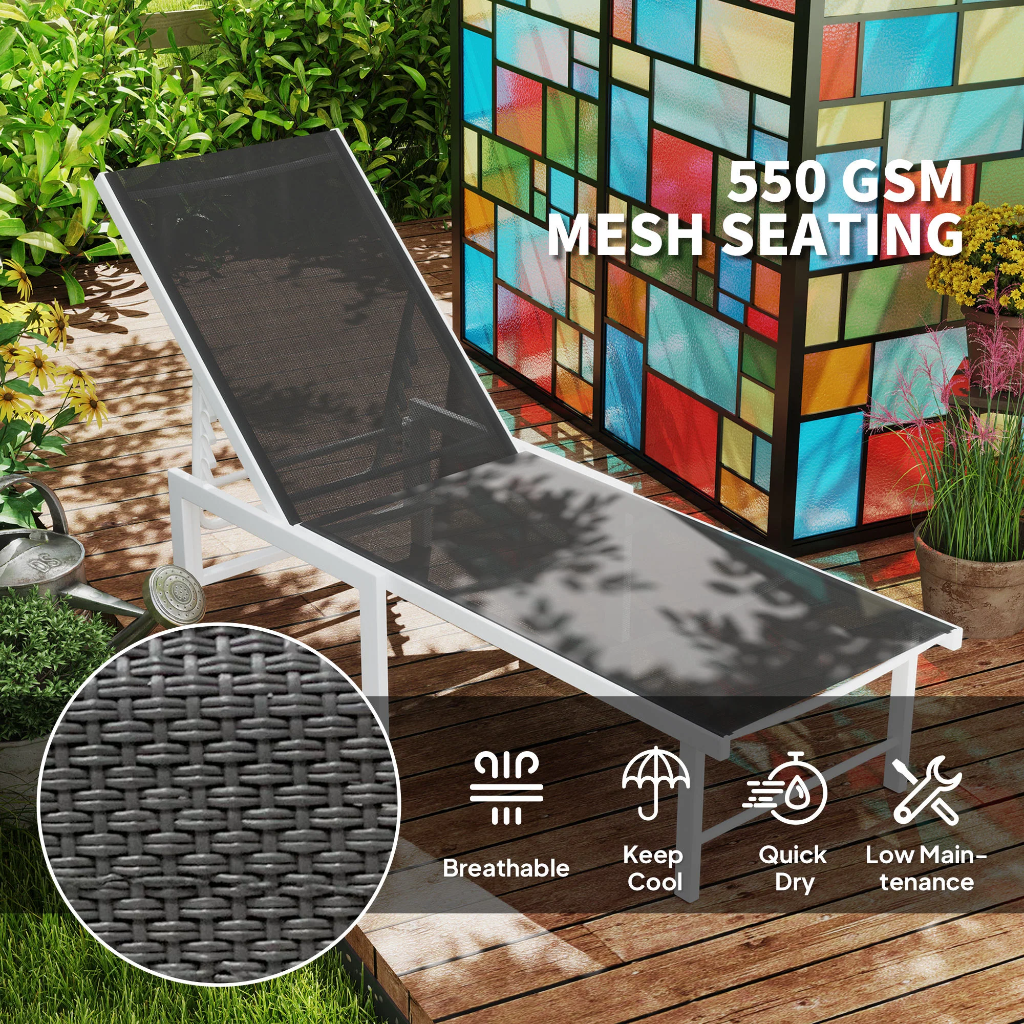 Reclining Outdoor Chaise Lounge Chair w/ 5-Level Adjustable Backrest & Mesh Seat, Grey - Image 7