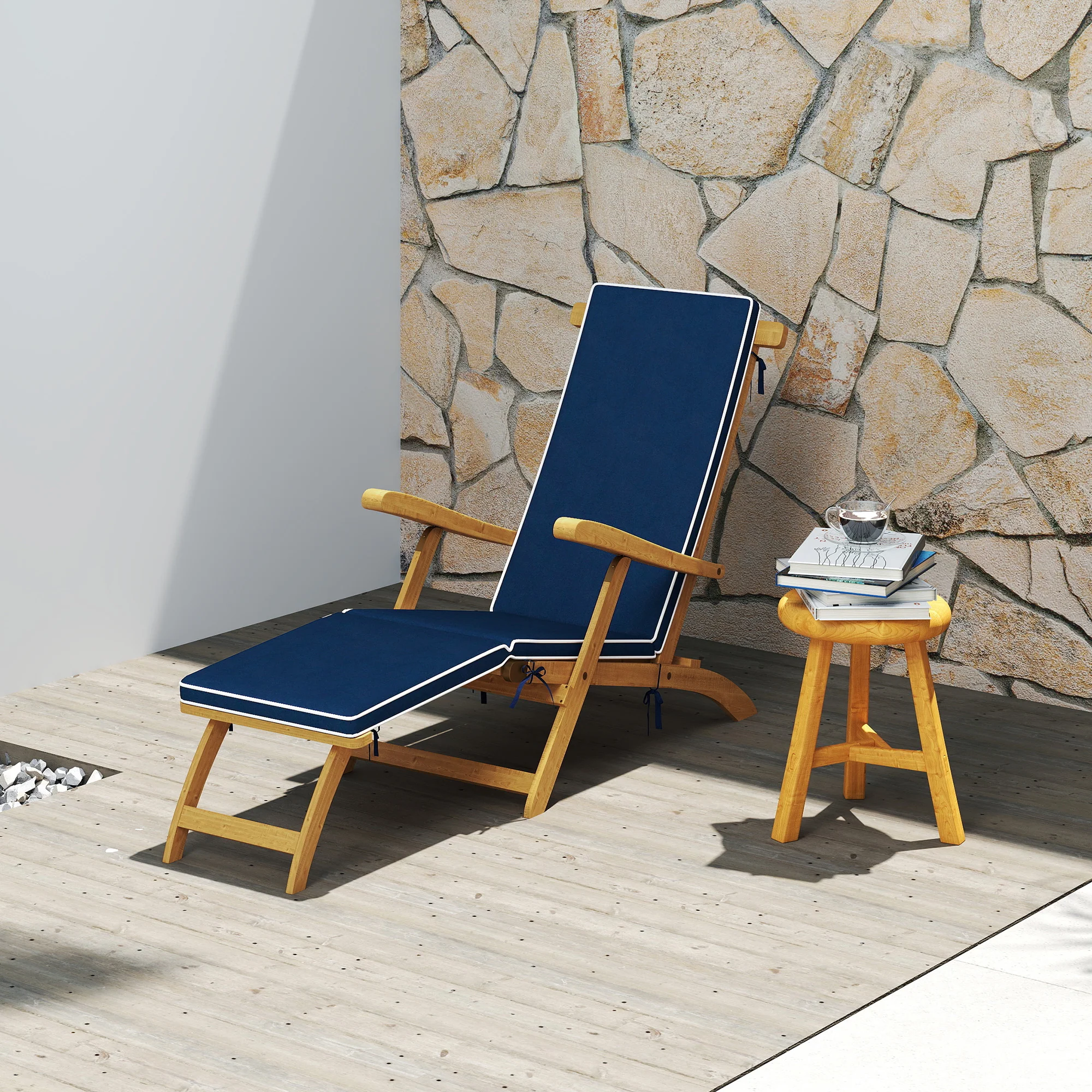 Folding Patio Lounge Chair w/ Padded Cushion & Footrest, Wood Lounger Recliner, Navy Blue - Image 11