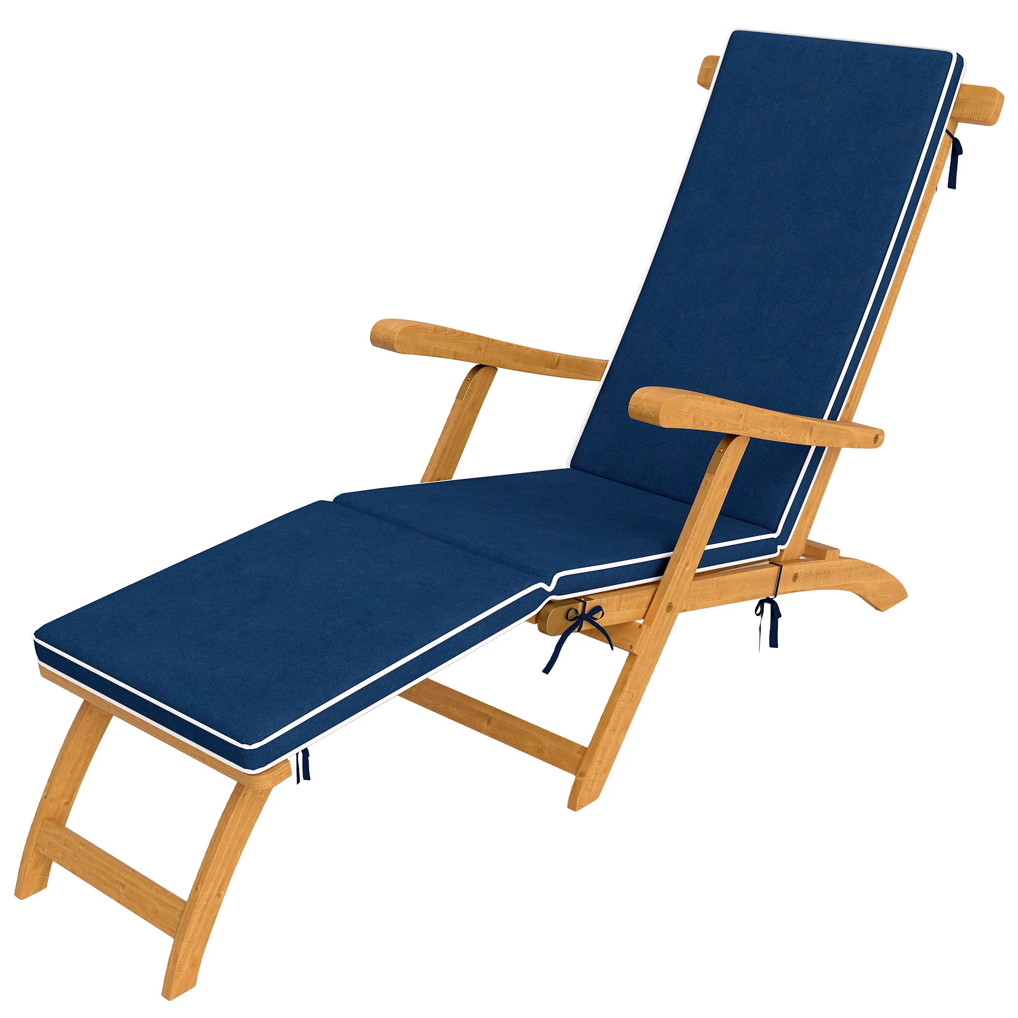 Folding Patio Lounge Chair w/ Padded Cushion & Footrest, Wood Lounger Recliner, Navy Blue - Image 2