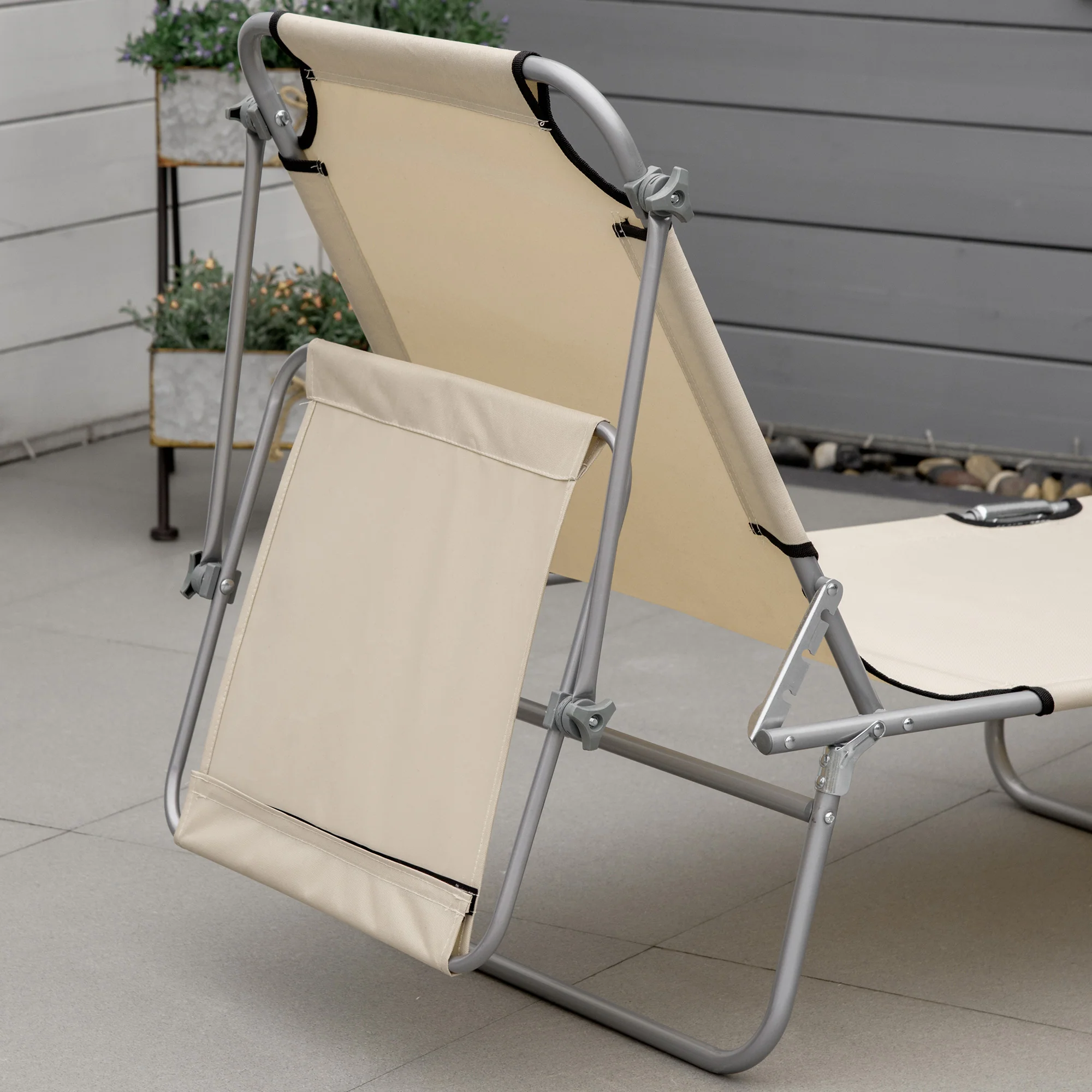 Adjustable Folding Lounge Chair with Sun Shade, Beige - Image 10