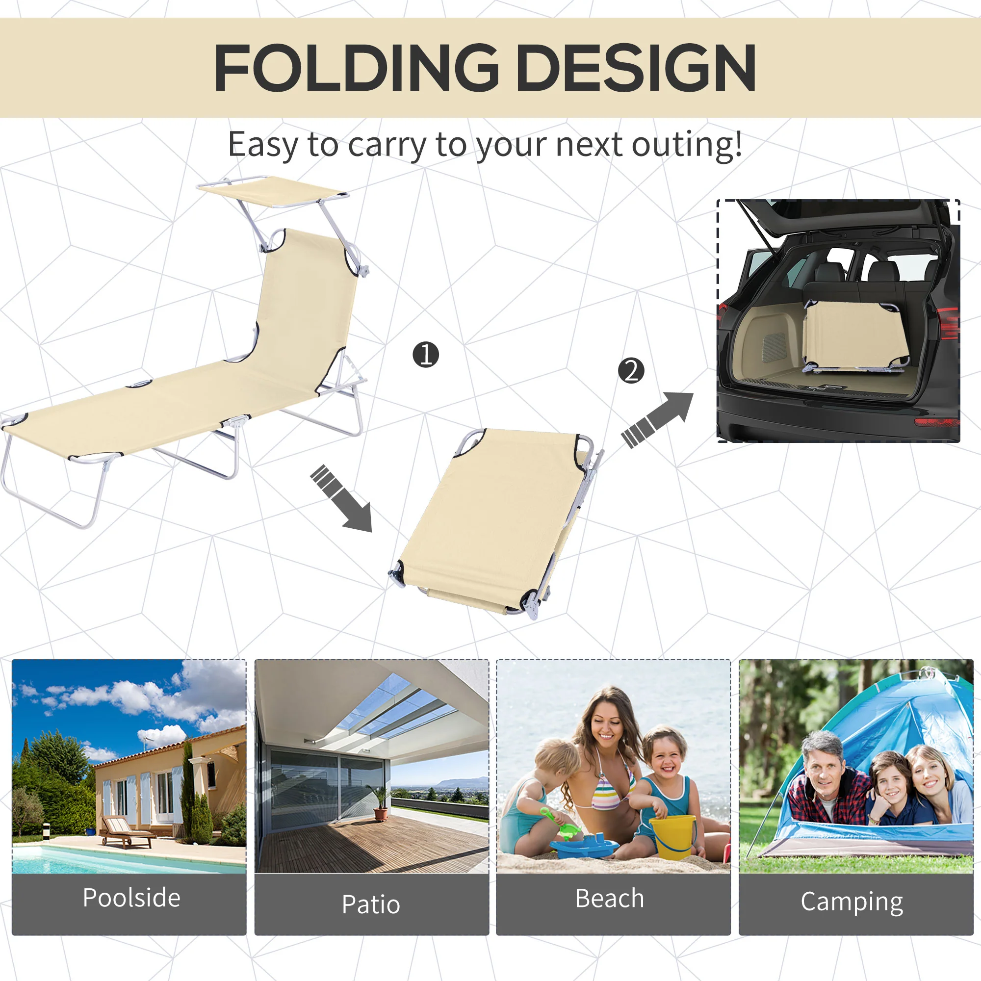 Adjustable Folding Lounge Chair with Sun Shade, Beige - Image 7