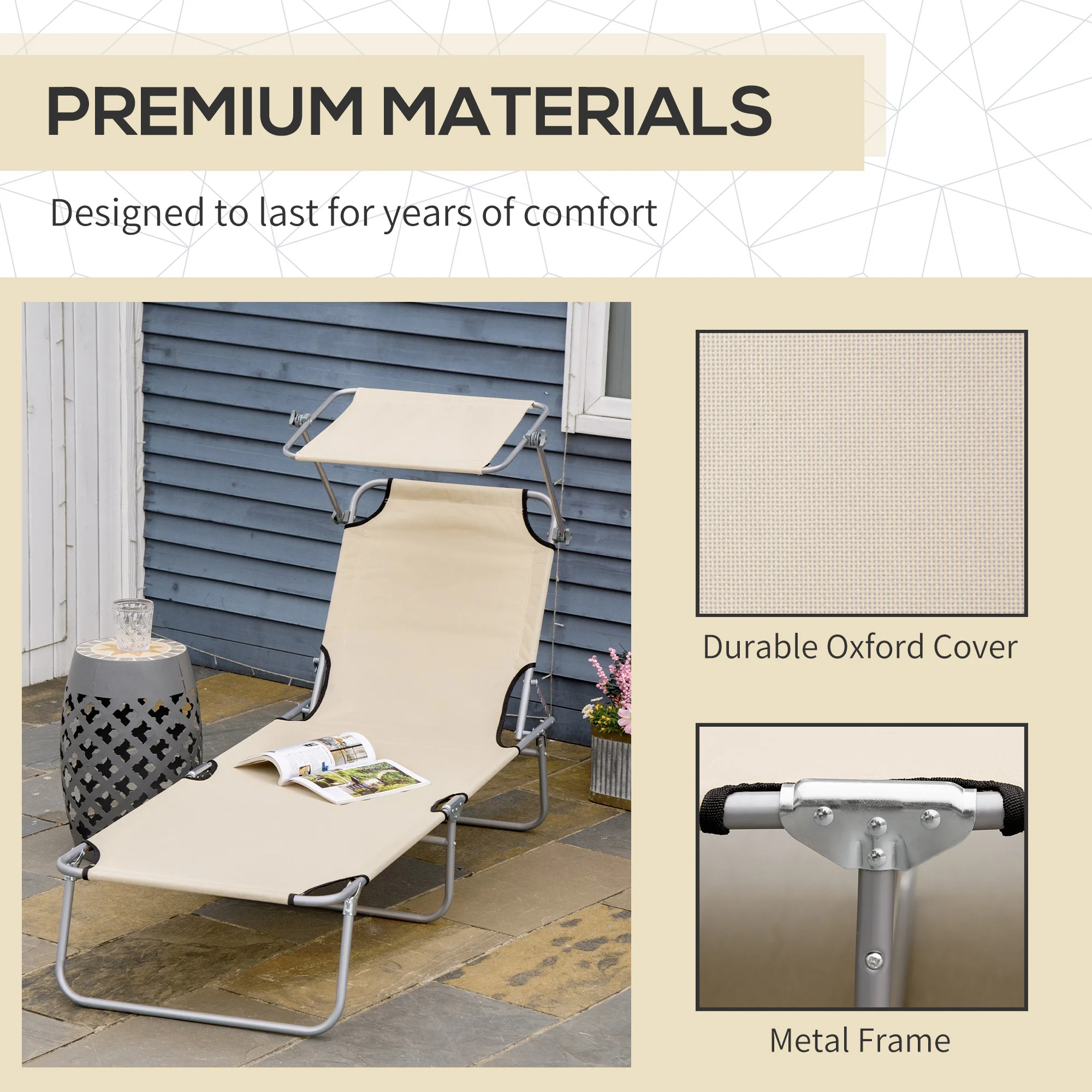 Adjustable Folding Lounge Chair with Sun Shade, Beige - Image 9