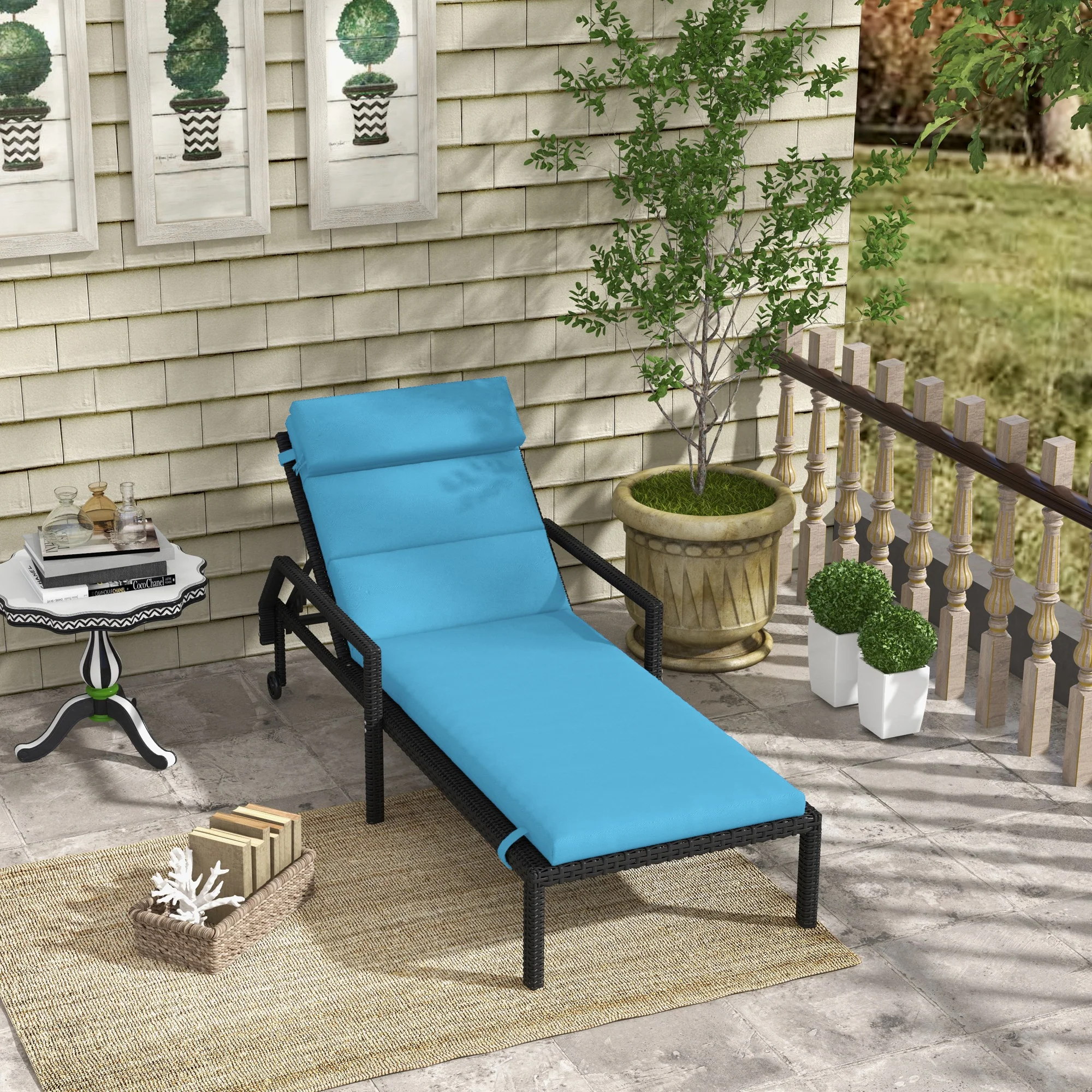 Patio Chaise Lounge Chair Cushion Replacement Lounger Pads w/ Headrest & Ties, Turquoise - Image 3