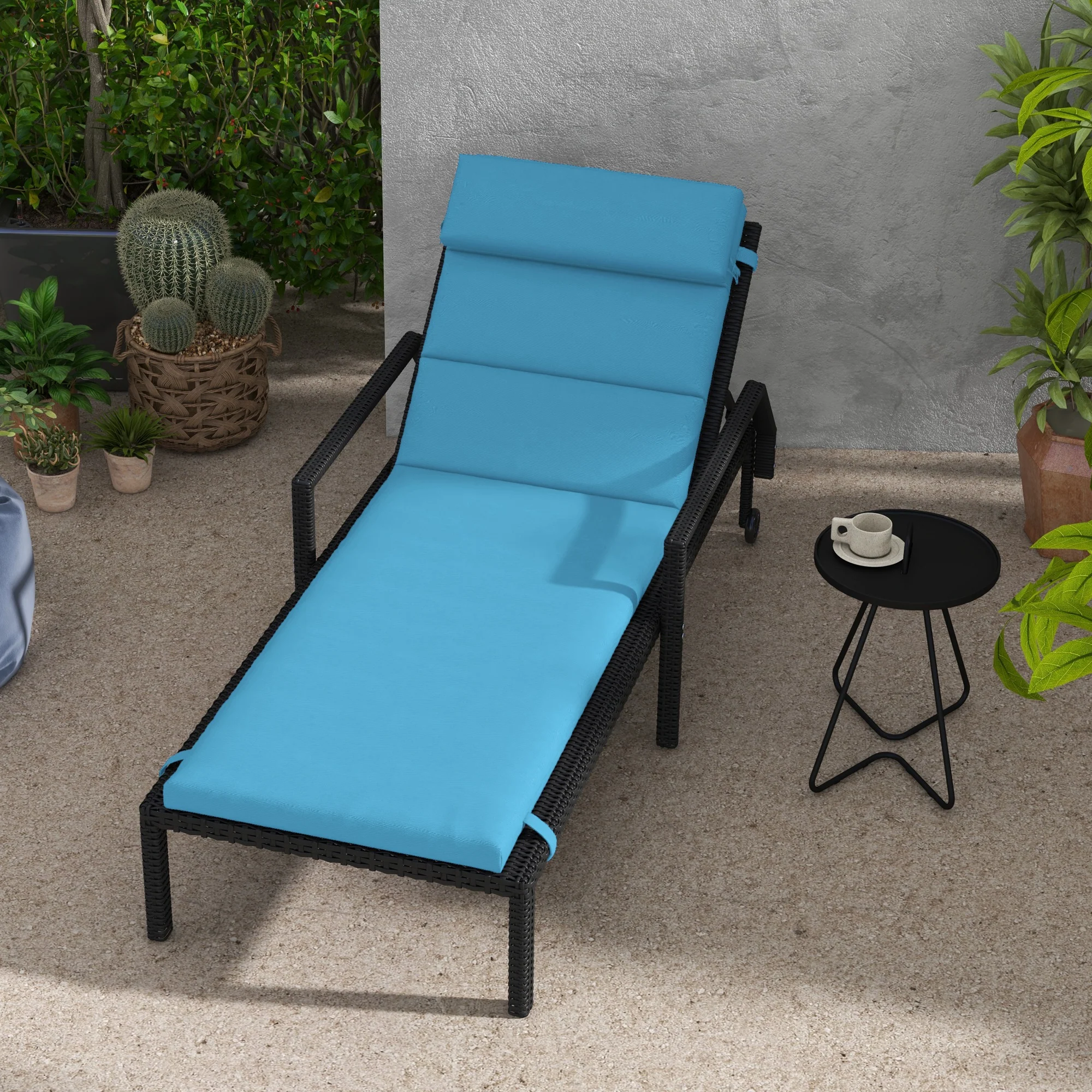 Patio Chaise Lounge Chair Cushion Replacement Lounger Pads w/ Headrest & Ties, Turquoise - Image 4