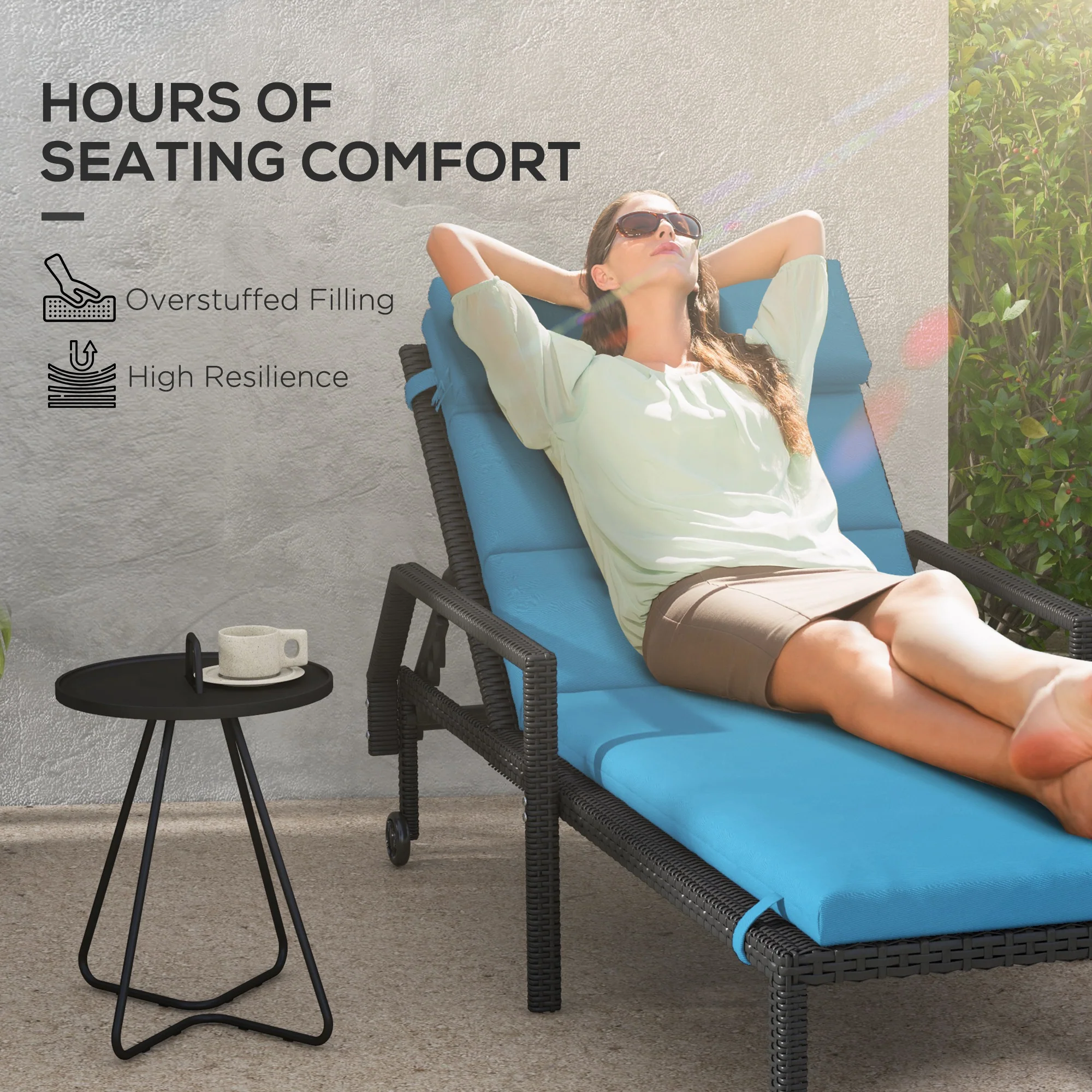 Patio Chaise Lounge Chair Cushion Replacement Lounger Pads w/ Headrest & Ties, Turquoise - Image 6