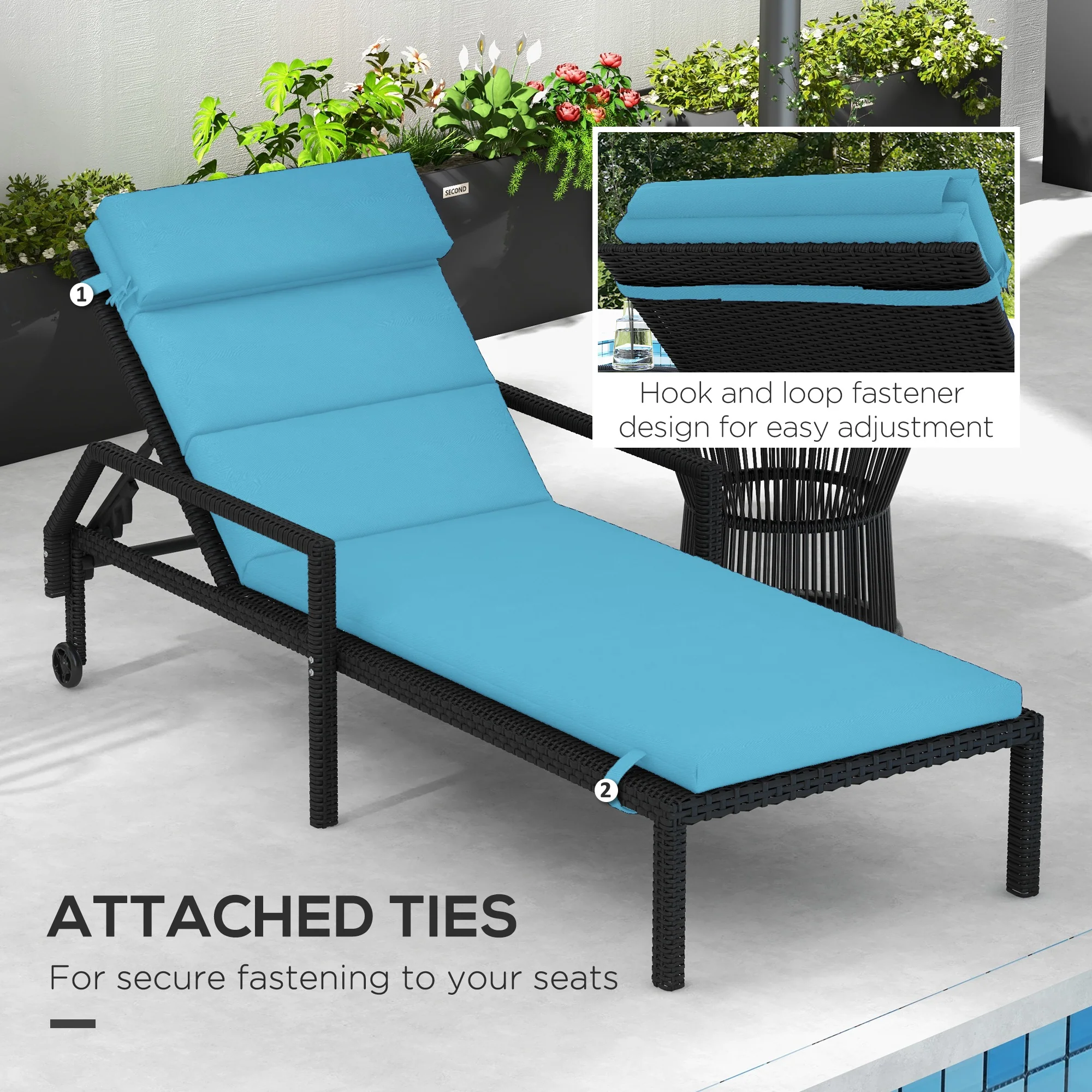 Patio Chaise Lounge Chair Cushion Replacement Lounger Pads w/ Headrest & Ties, Turquoise - Image 8