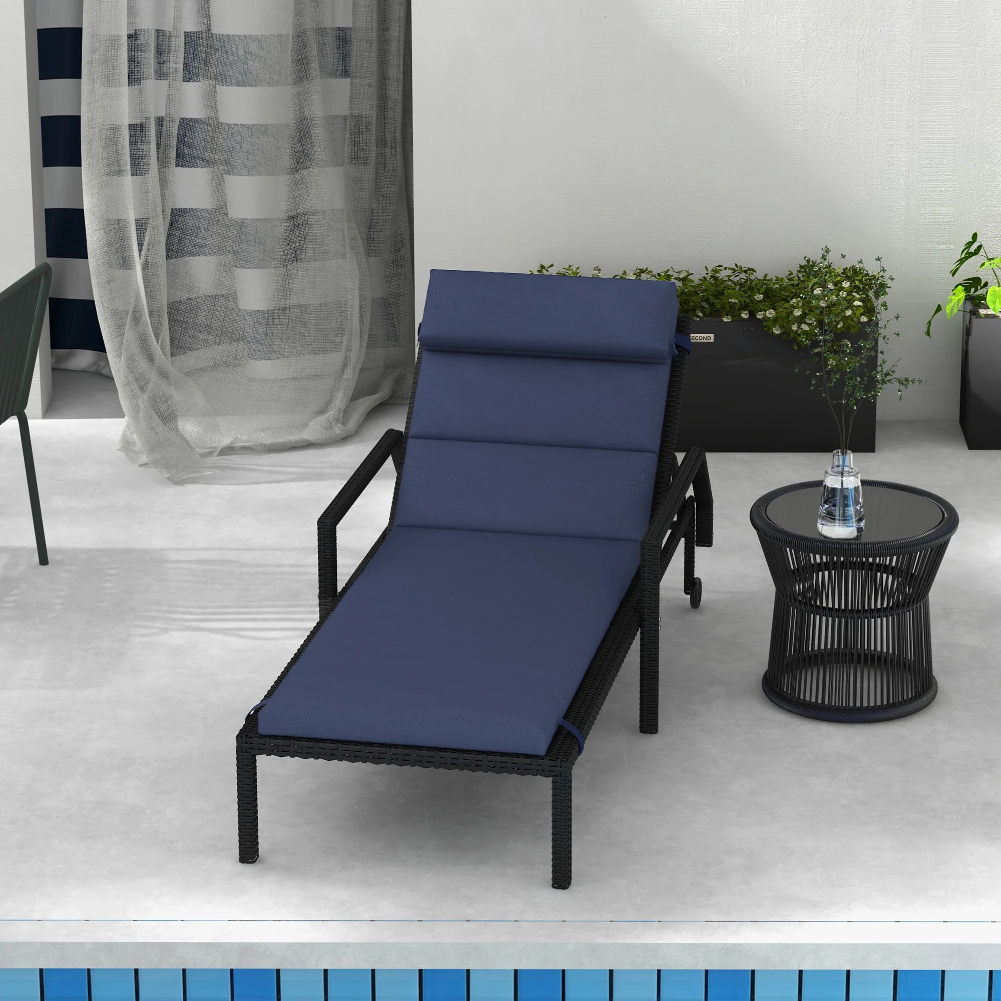 Patio Chaise Lounge Chair Cushion Replacement Lounger Pads w/ Headrest & Ties, Dark Blue - Image 9