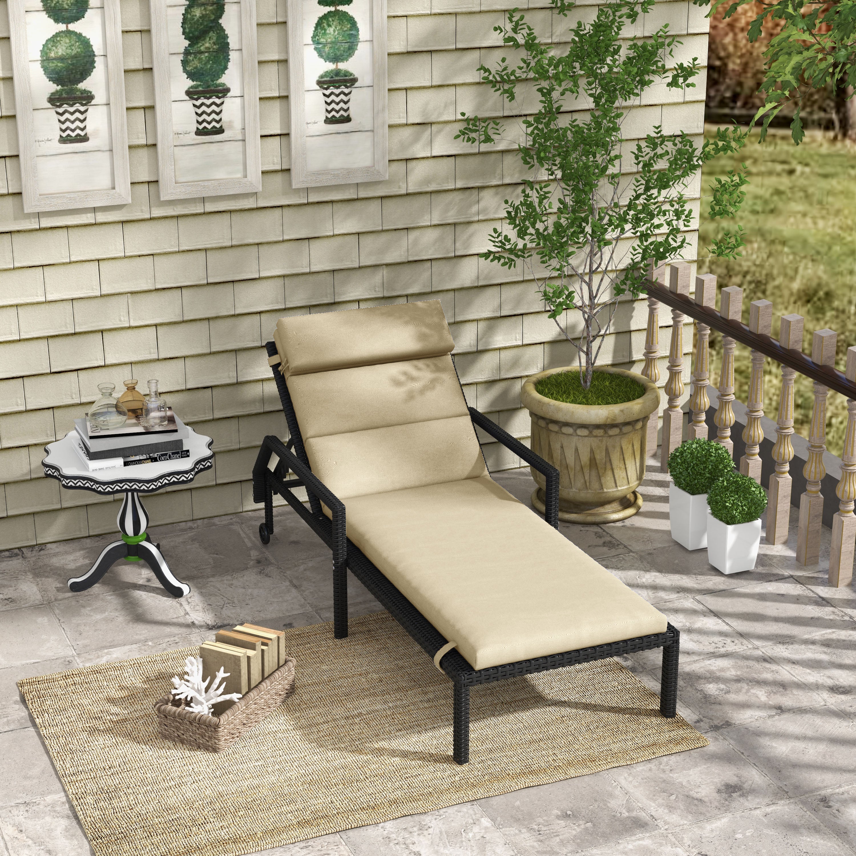 Patio Chaise Lounge Chair Cushion Replacement Lounger Pads w/ Headrest & Ties, Beige - Image 3