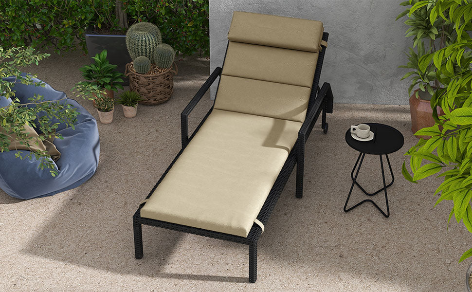 Patio Chaise Lounge Chair Cushion Replacement Lounger Pads w/ Headrest & Ties, Beige - Image 4
