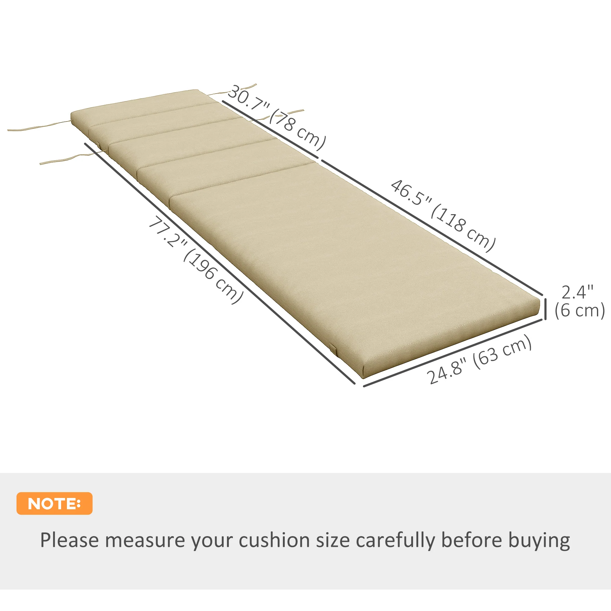 Patio Chaise Lounge Chair Cushion Replacement Lounger Pads w/ Headrest & Ties, Beige - Image 5