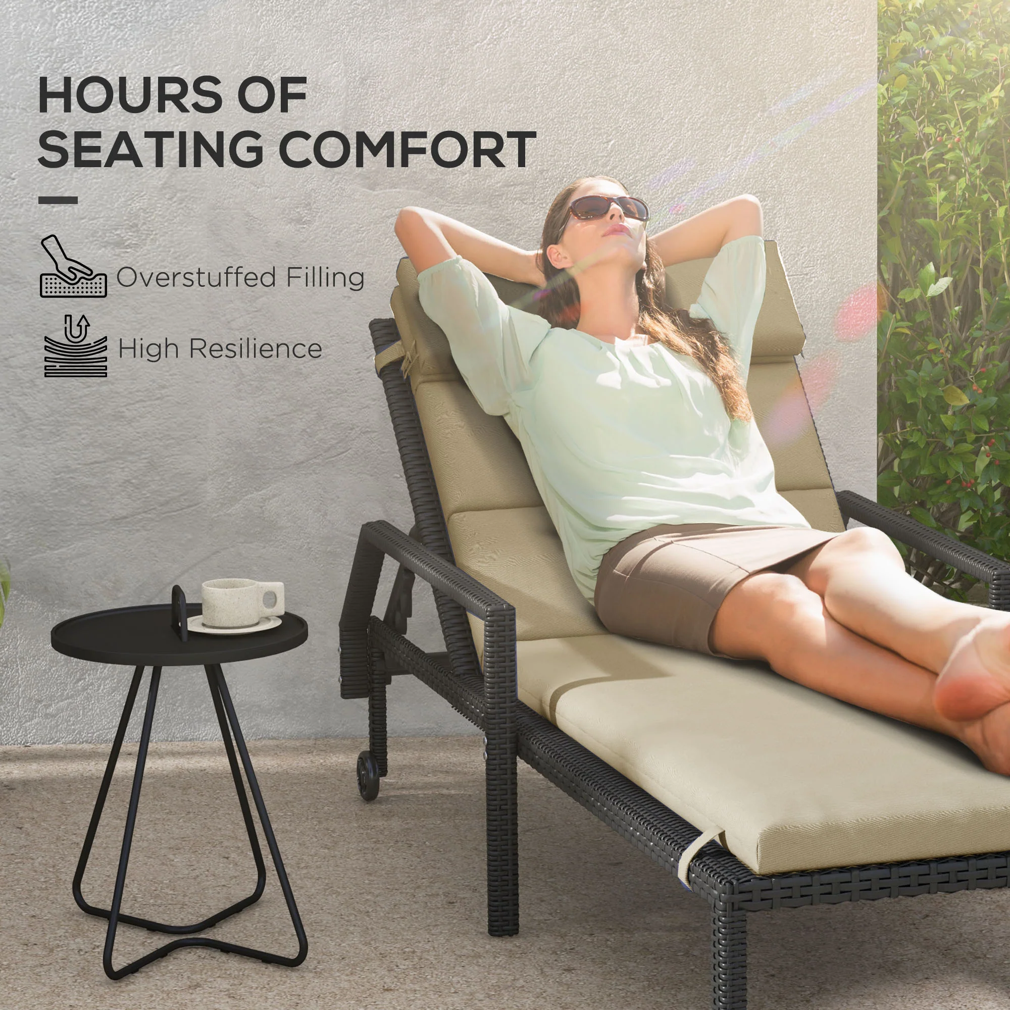 Patio Chaise Lounge Chair Cushion Replacement Lounger Pads w/ Headrest & Ties, Beige - Image 6