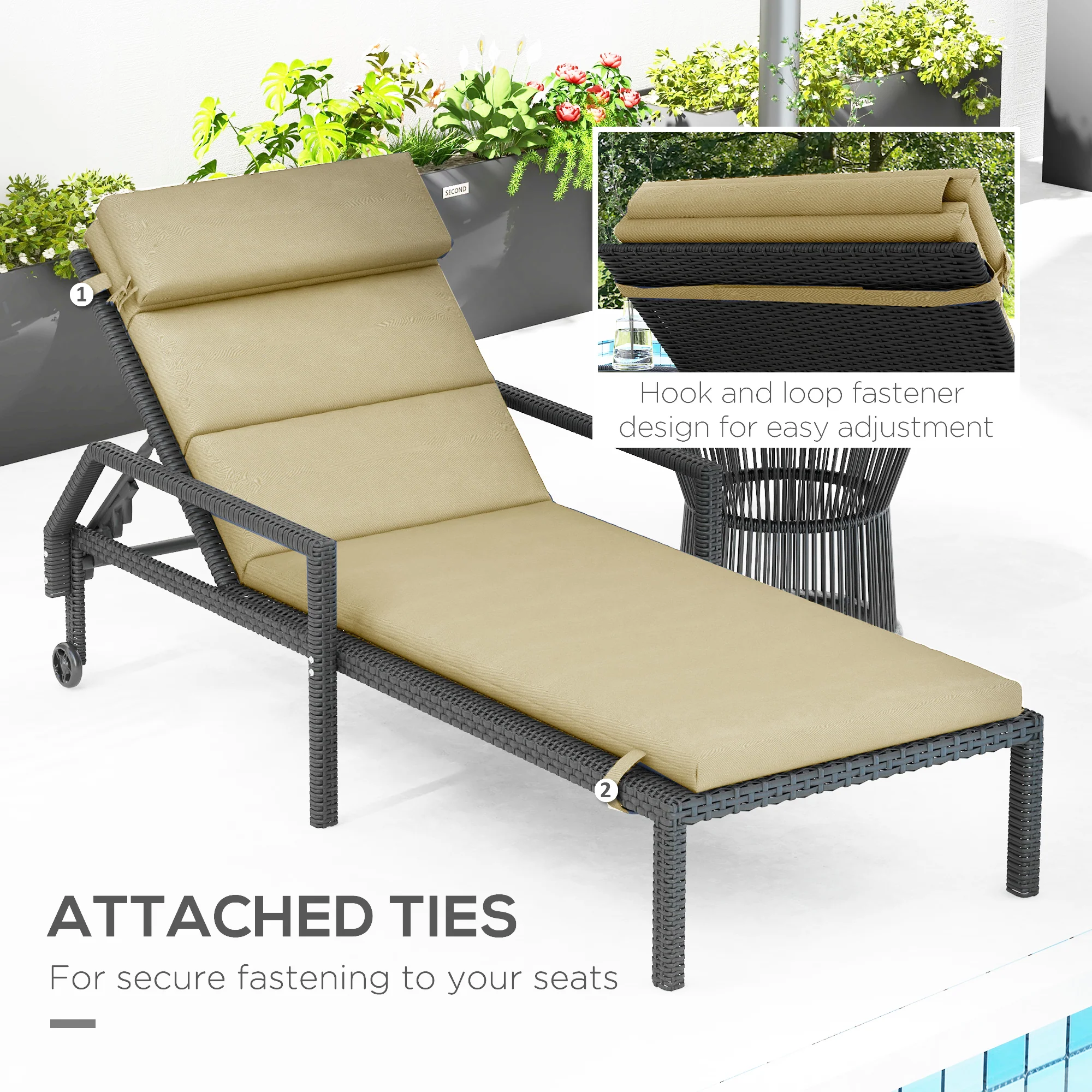 Patio Chaise Lounge Chair Cushion Replacement Lounger Pads w/ Headrest & Ties, Beige - Image 8