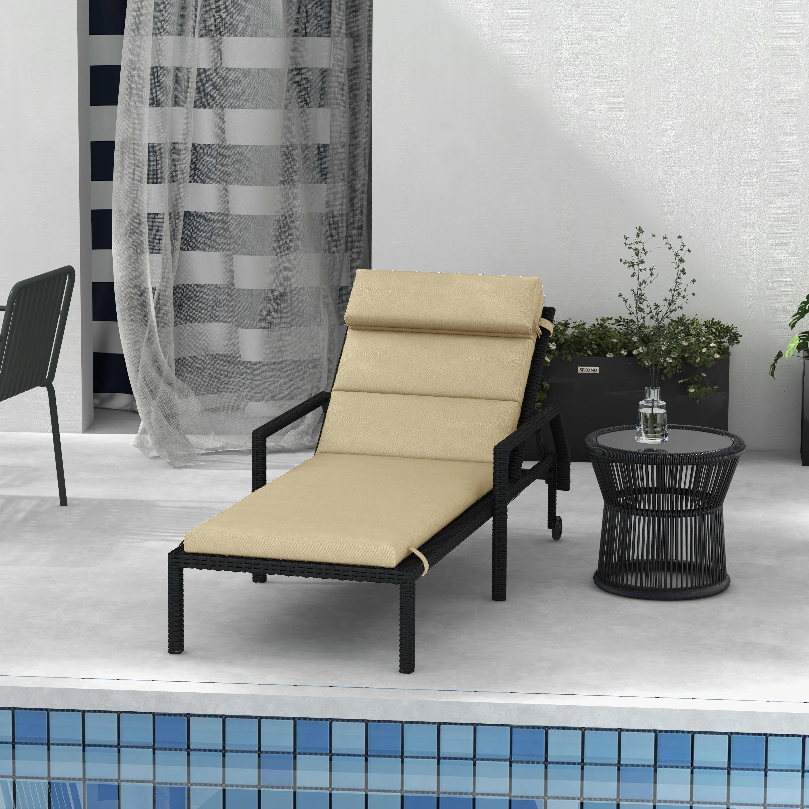 Patio Chaise Lounge Chair Cushion Replacement Lounger Pads w/ Headrest & Ties, Beige - Image 9