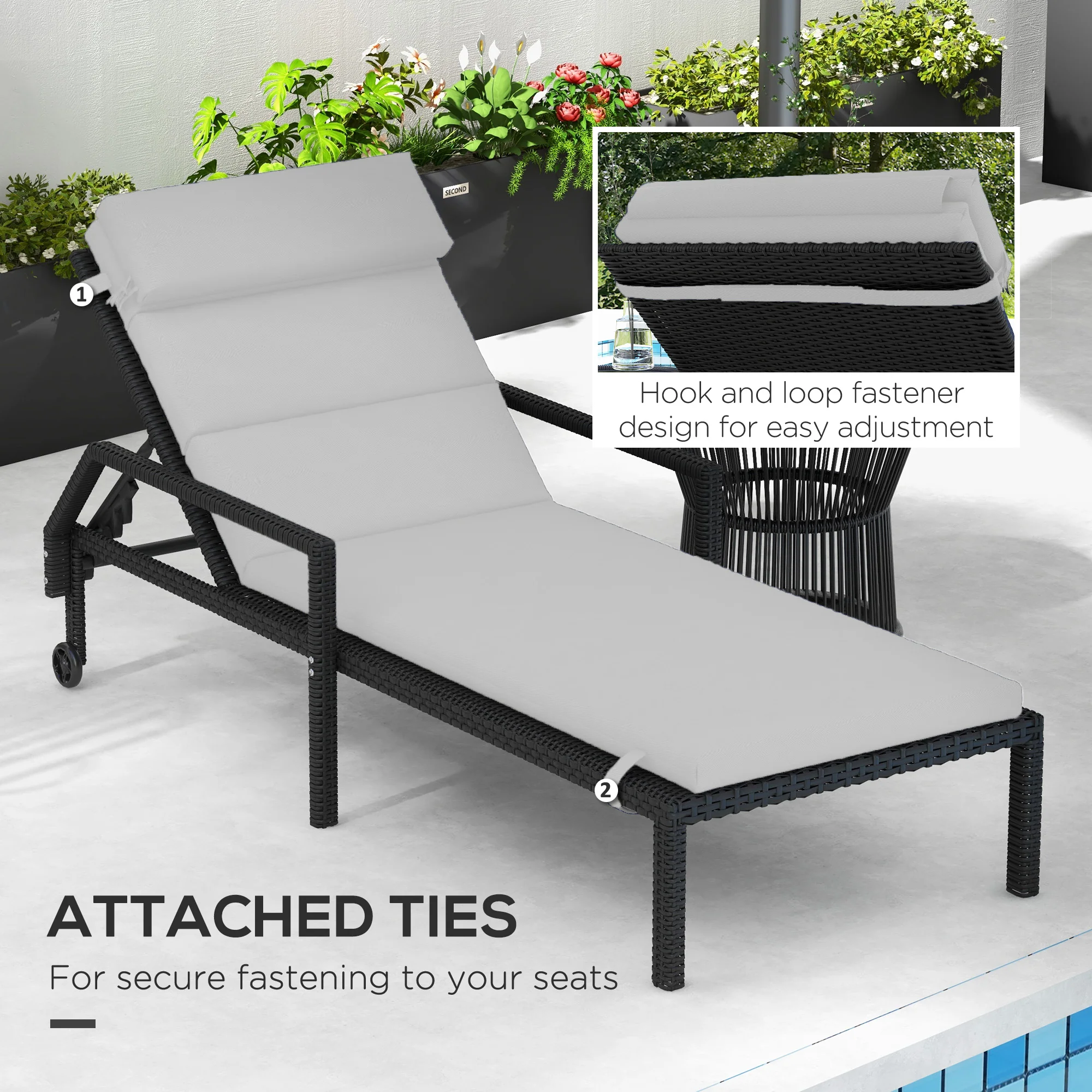 Patio Chaise Lounge Chair Cushion Replacement Lounger Pads w/ Headrest & Ties, Light Grey - Image 8