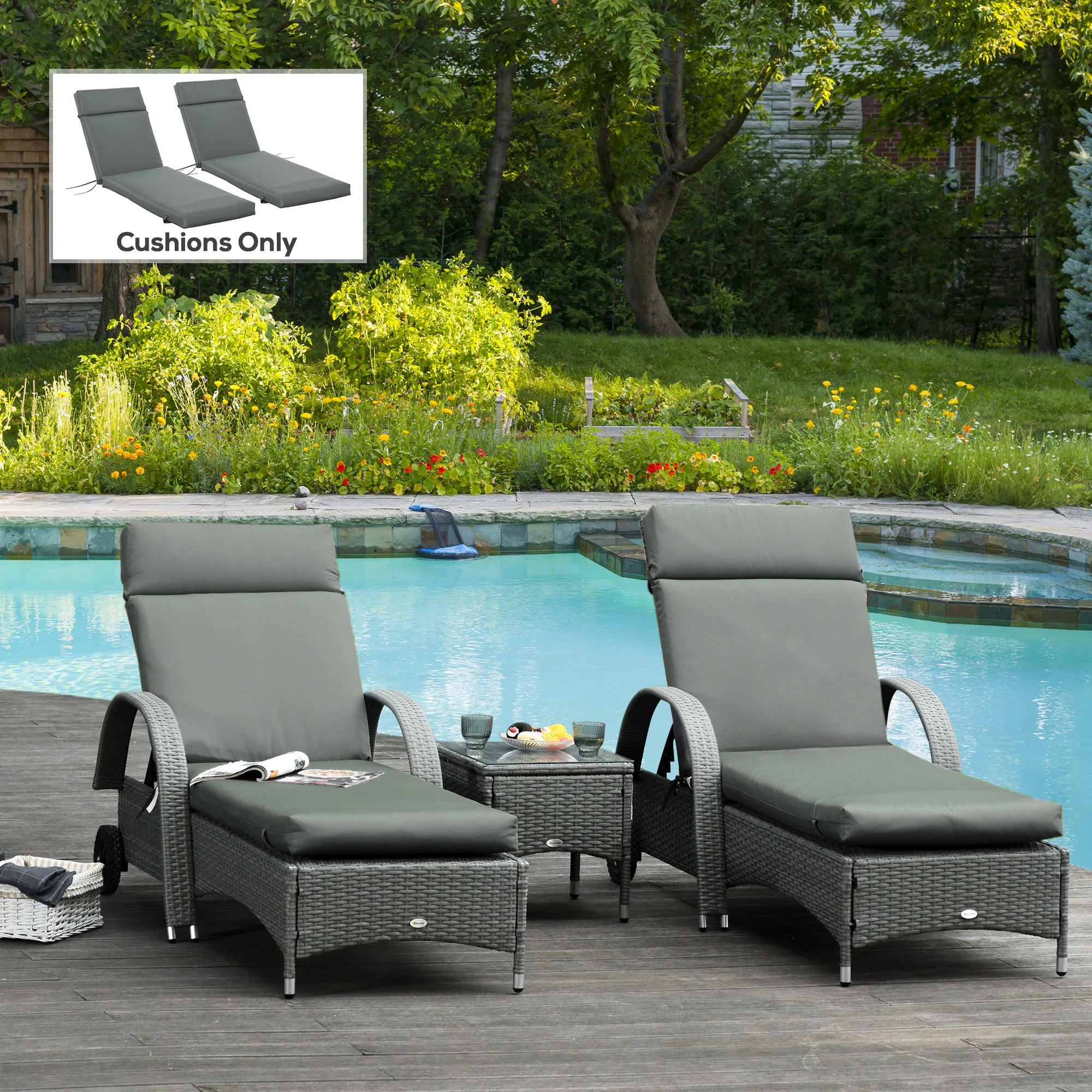 Set of 2 Outdoor Lounge Chair Cushions, 77.2" x 21.7", Dark Grey - Image 4