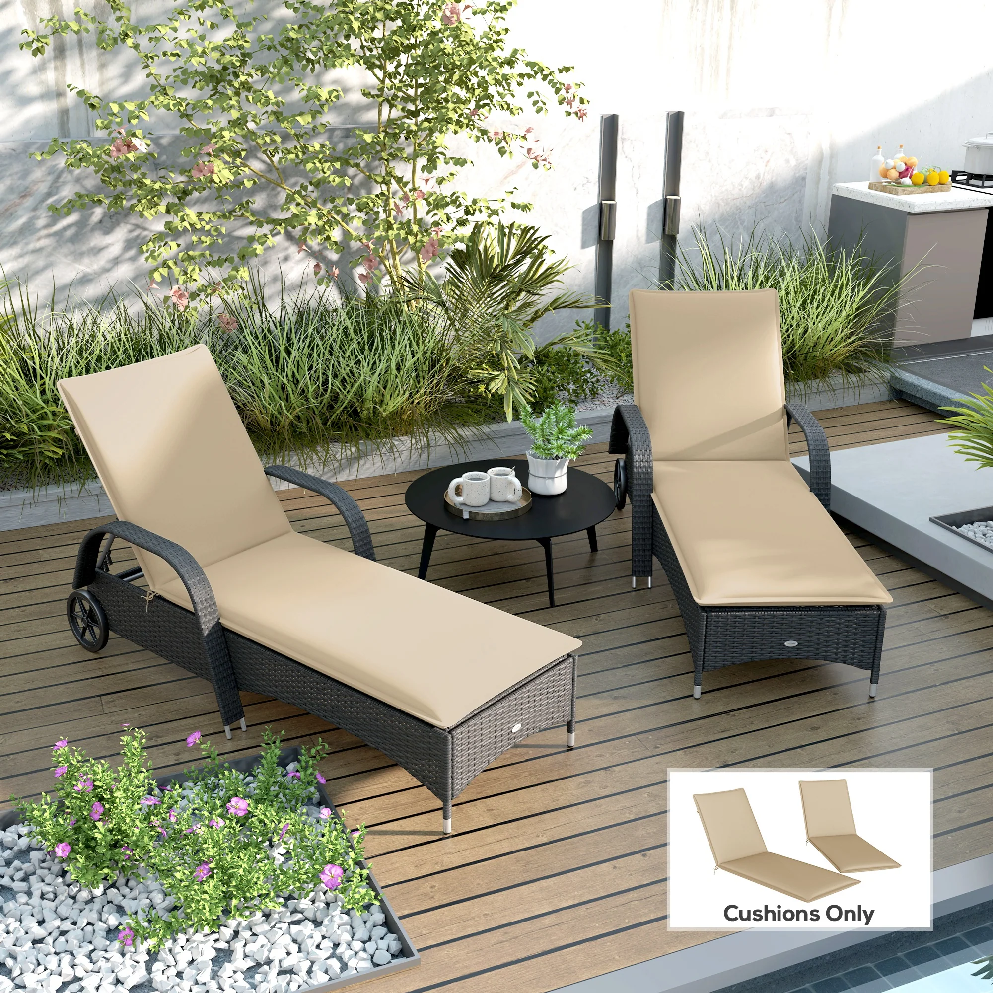 2-Piece Outdoor Lounge Chair Cushions, 76" x 23", Beige - Image 3